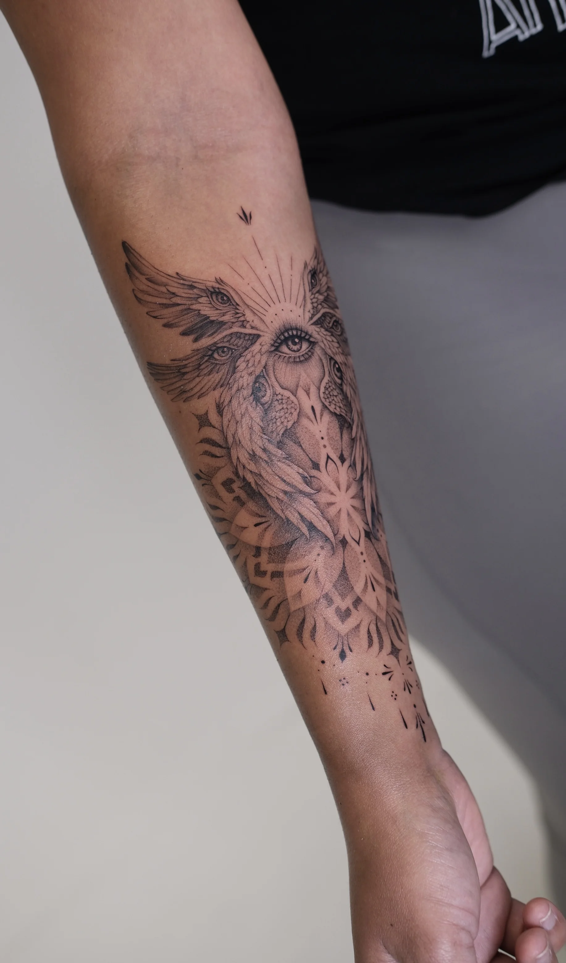 Fine Line Spiritual Eye Forearm: eye, wing, bird, mandala, spiritual, nature
