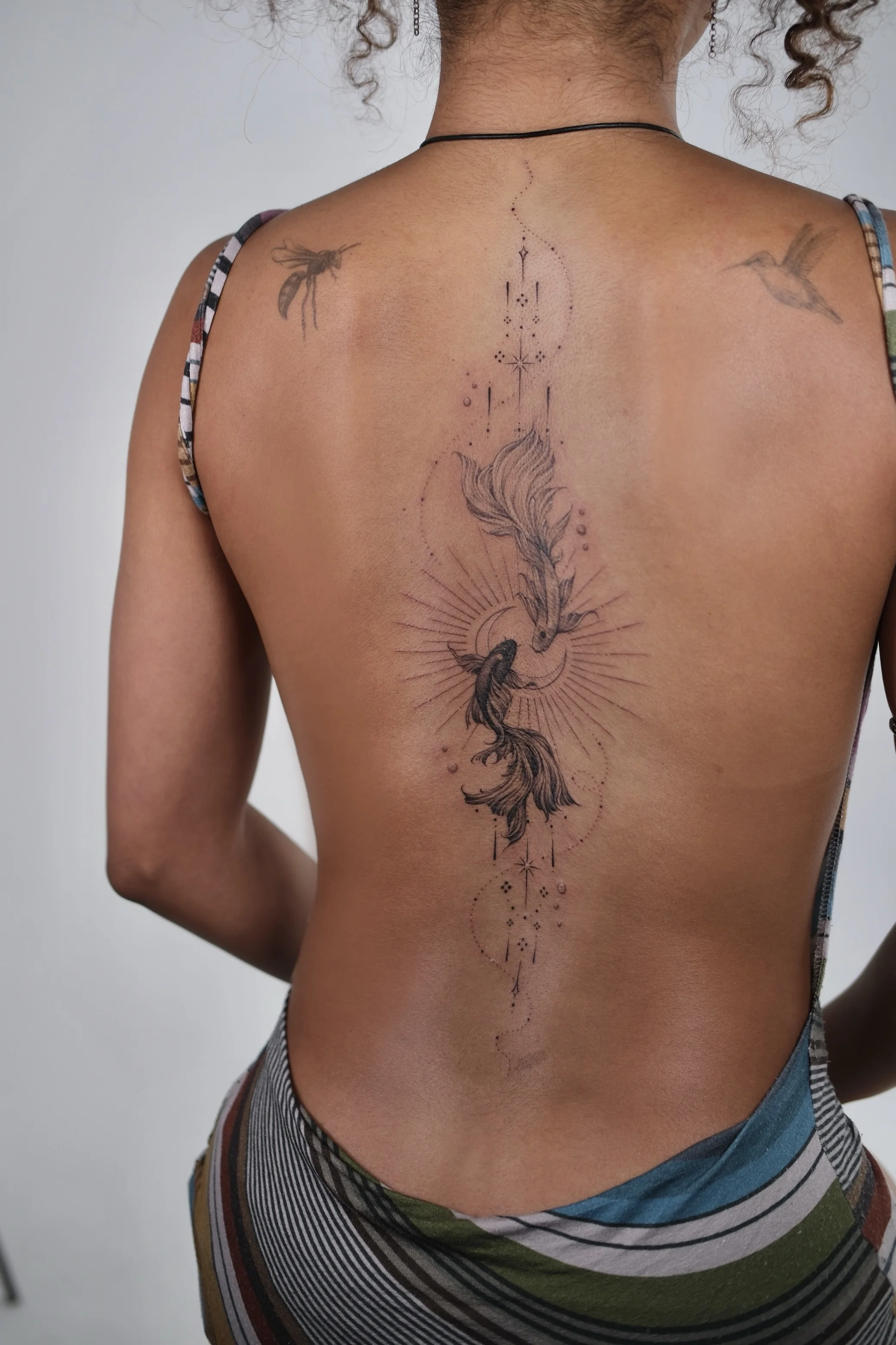 Delicate Koi Fish Back Piece: koi fish, mandala, hummingbird, nature, animal, spiritual