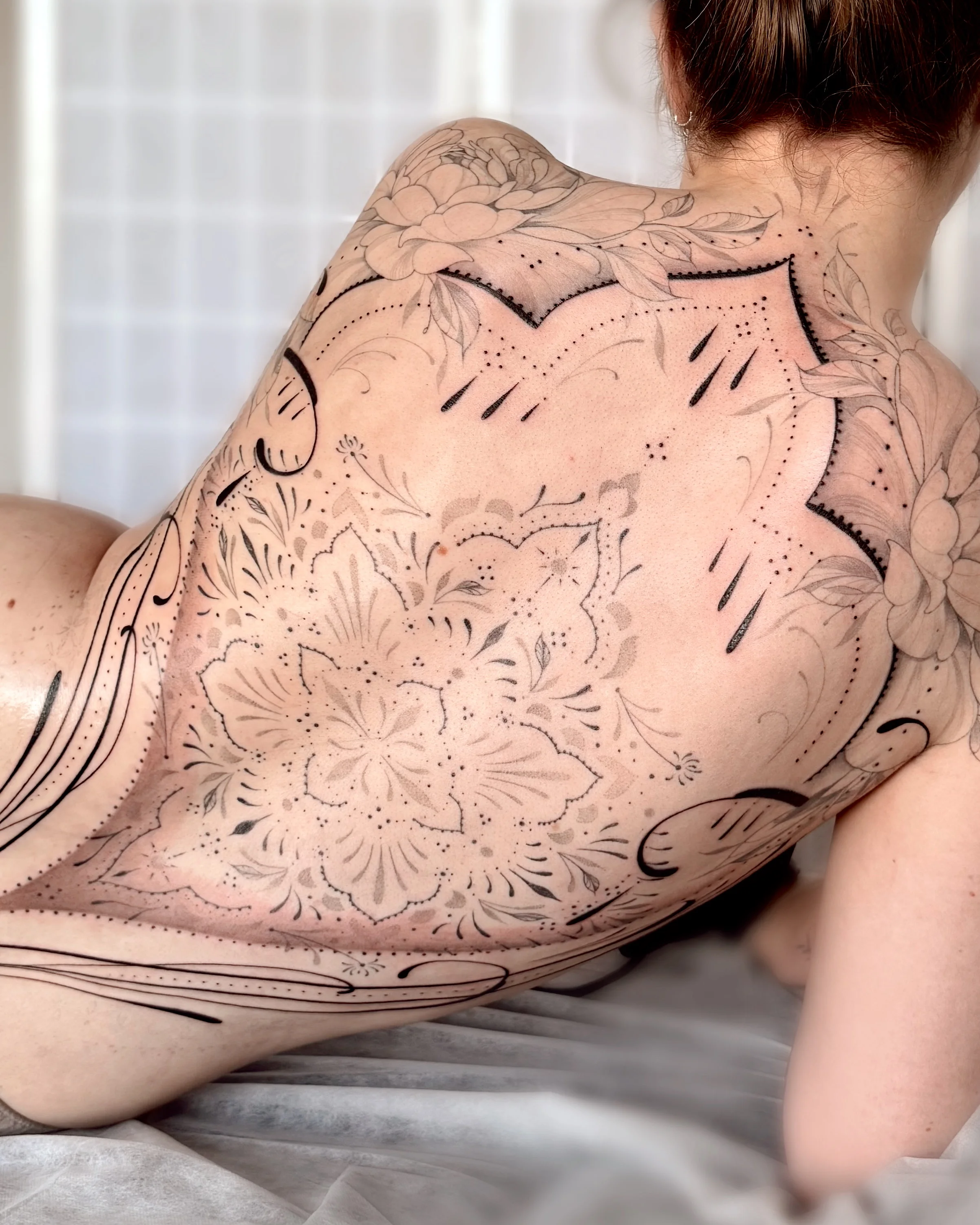 Fine Line tattoo by Abigail Louise: mandala, flower, peony, leaf