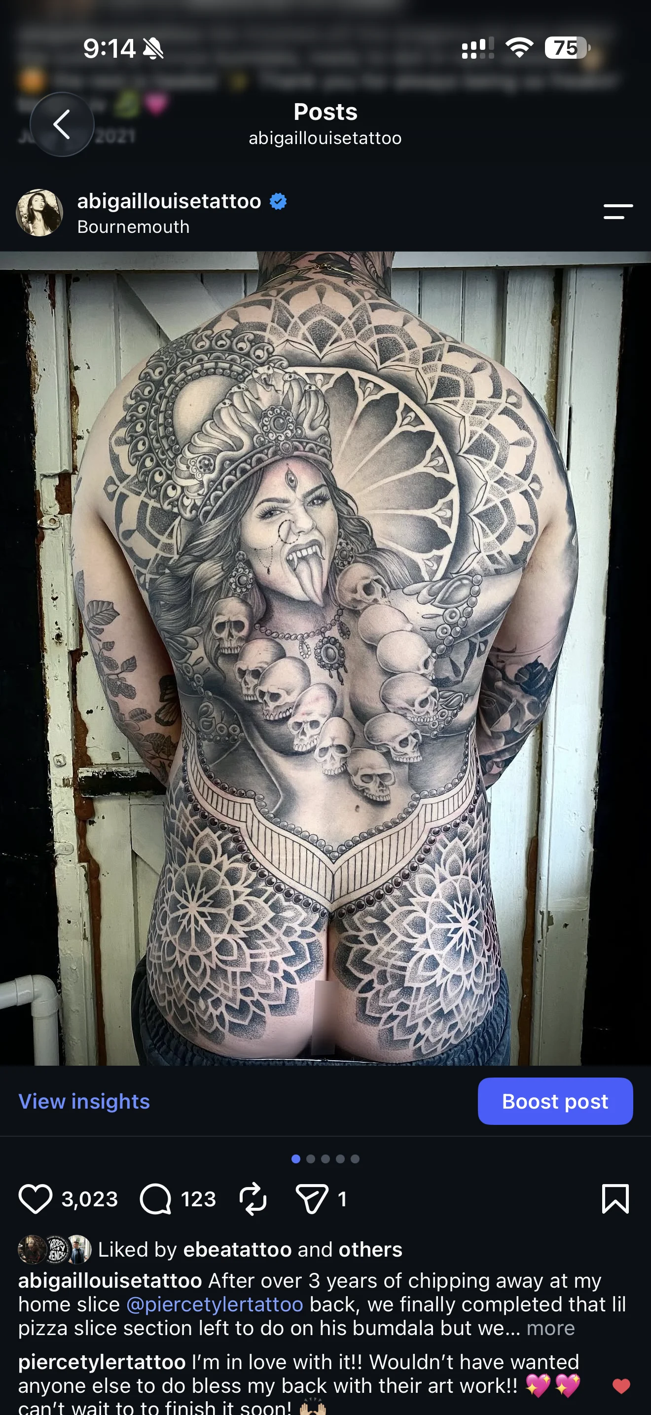 Mythological Woman Full Back: woman, skulls, snake, geometric patterns, tongue out, dark
