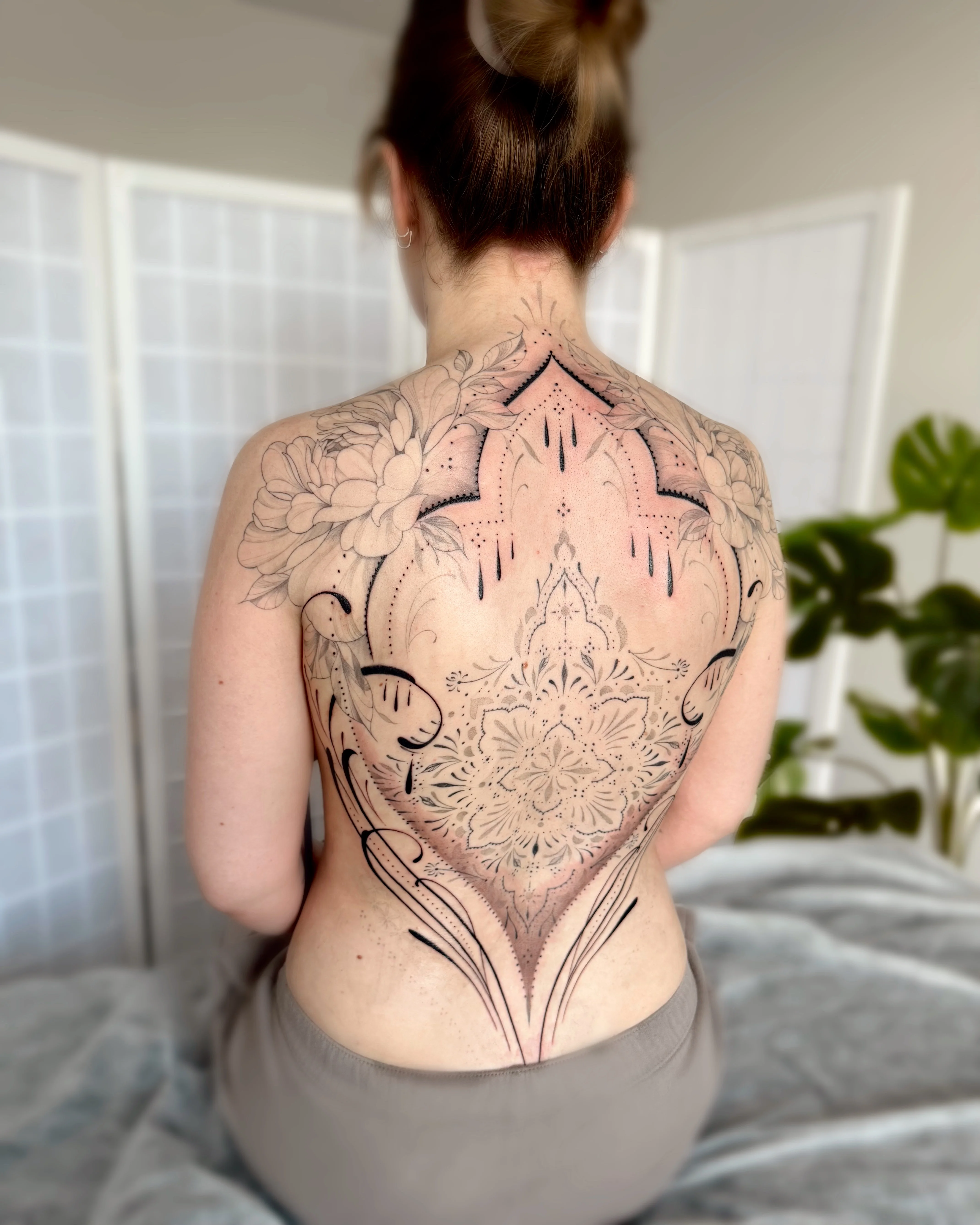 Fine Line tattoo by Abigail Louise: mandala, flower, leaf, ornamental pattern