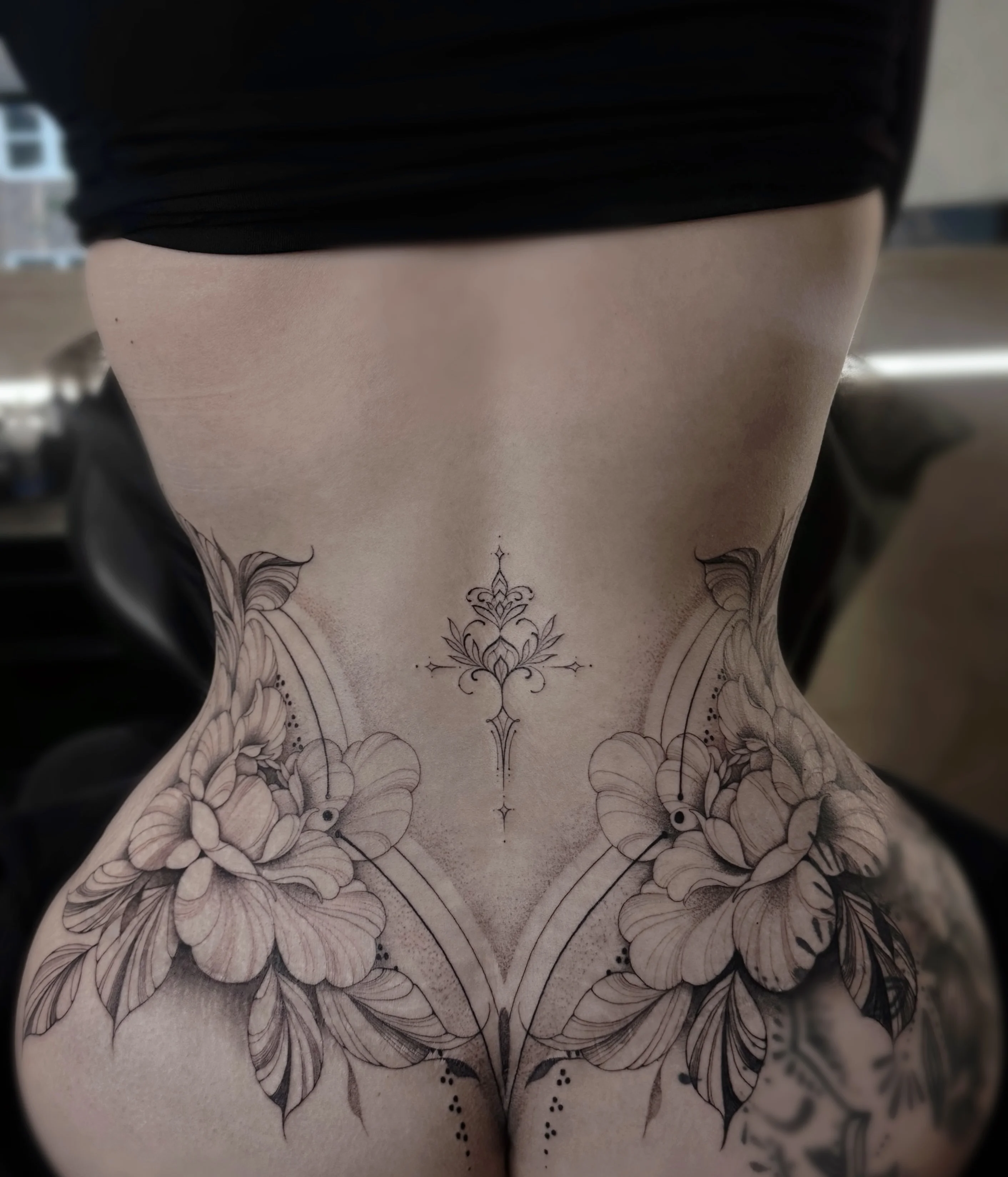 Delicate Floral Fine Line Stomach: flower, leaves, ornamental design, floral, nature, ornamental