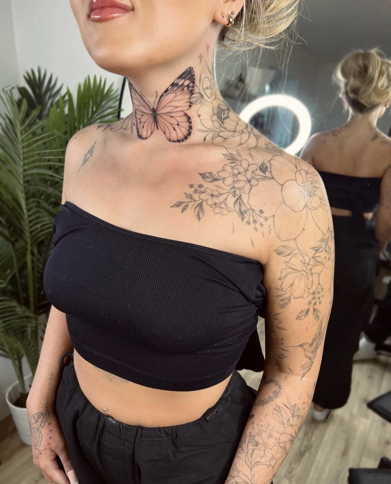 Fine Line tattoo by Abigail Louise: butterfly, rose, flower cluster, leaves