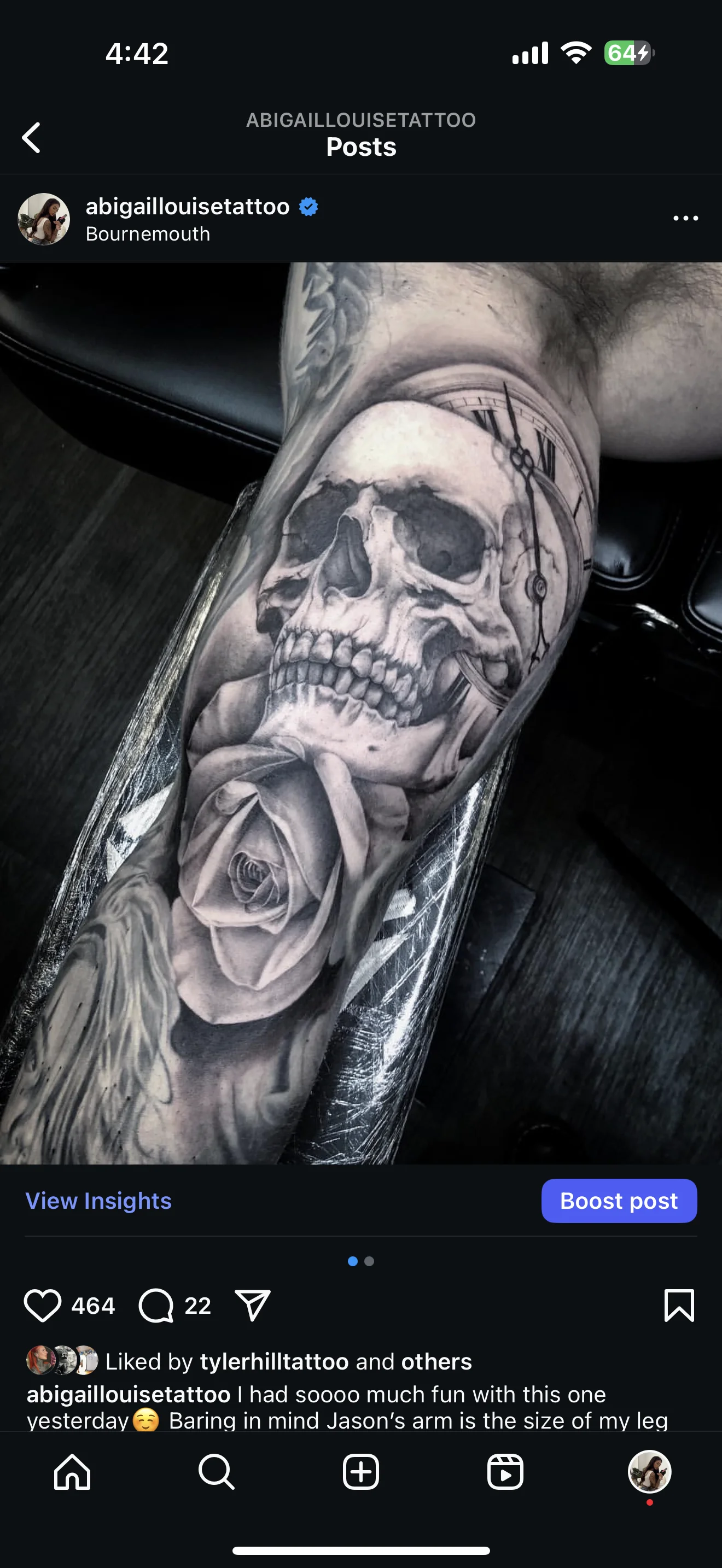 Black & Gray Realism tattoo by Abigail Louise: skull, rose, clock, dark