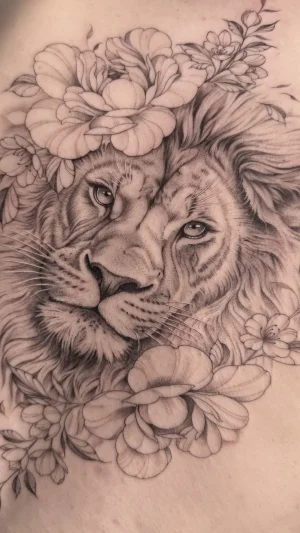 Realistic Lion With Flowers Back