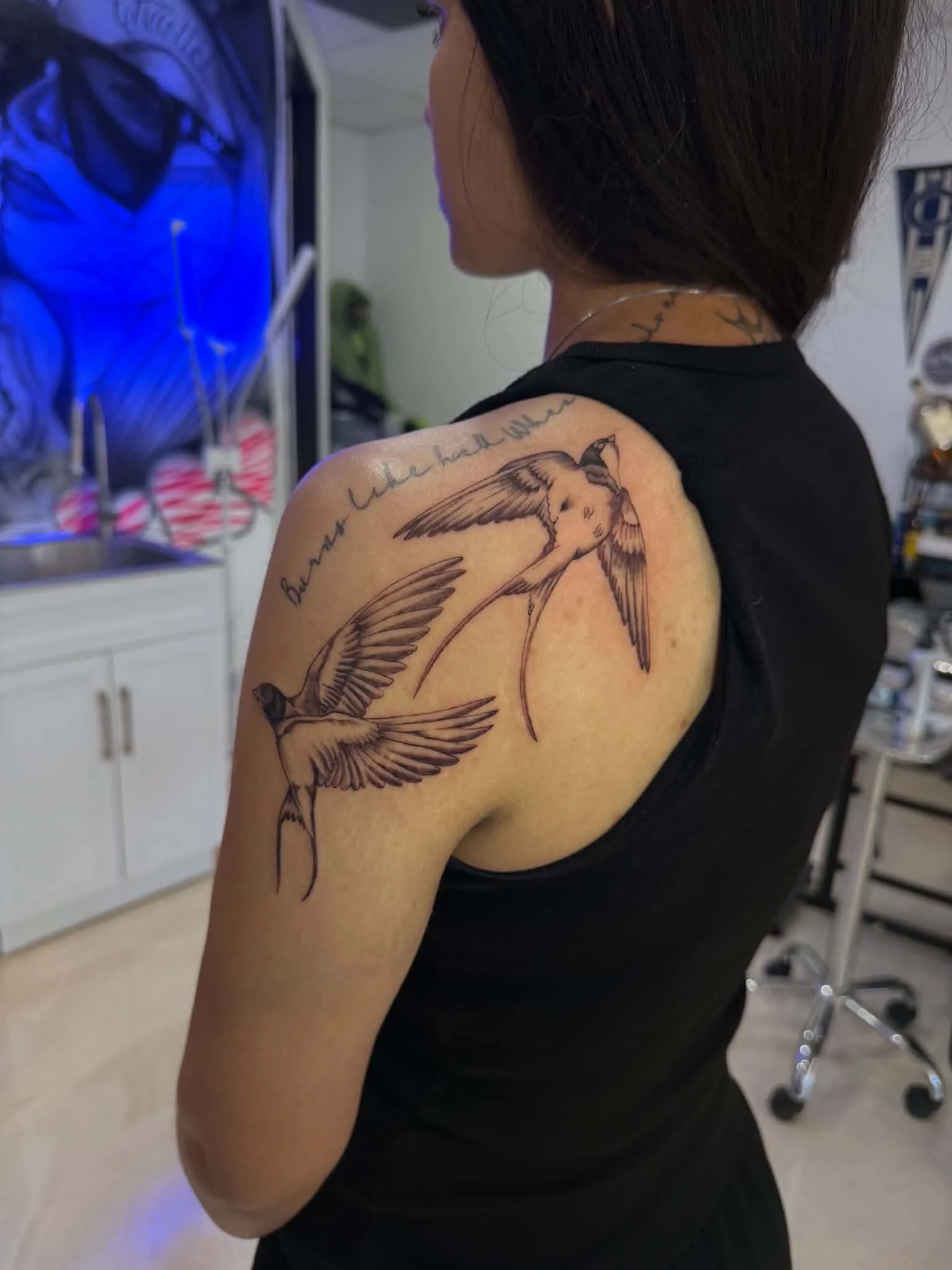 Fine Line tattoo by Jc_TheArtist: swallow bird, flying bird, script text, nature