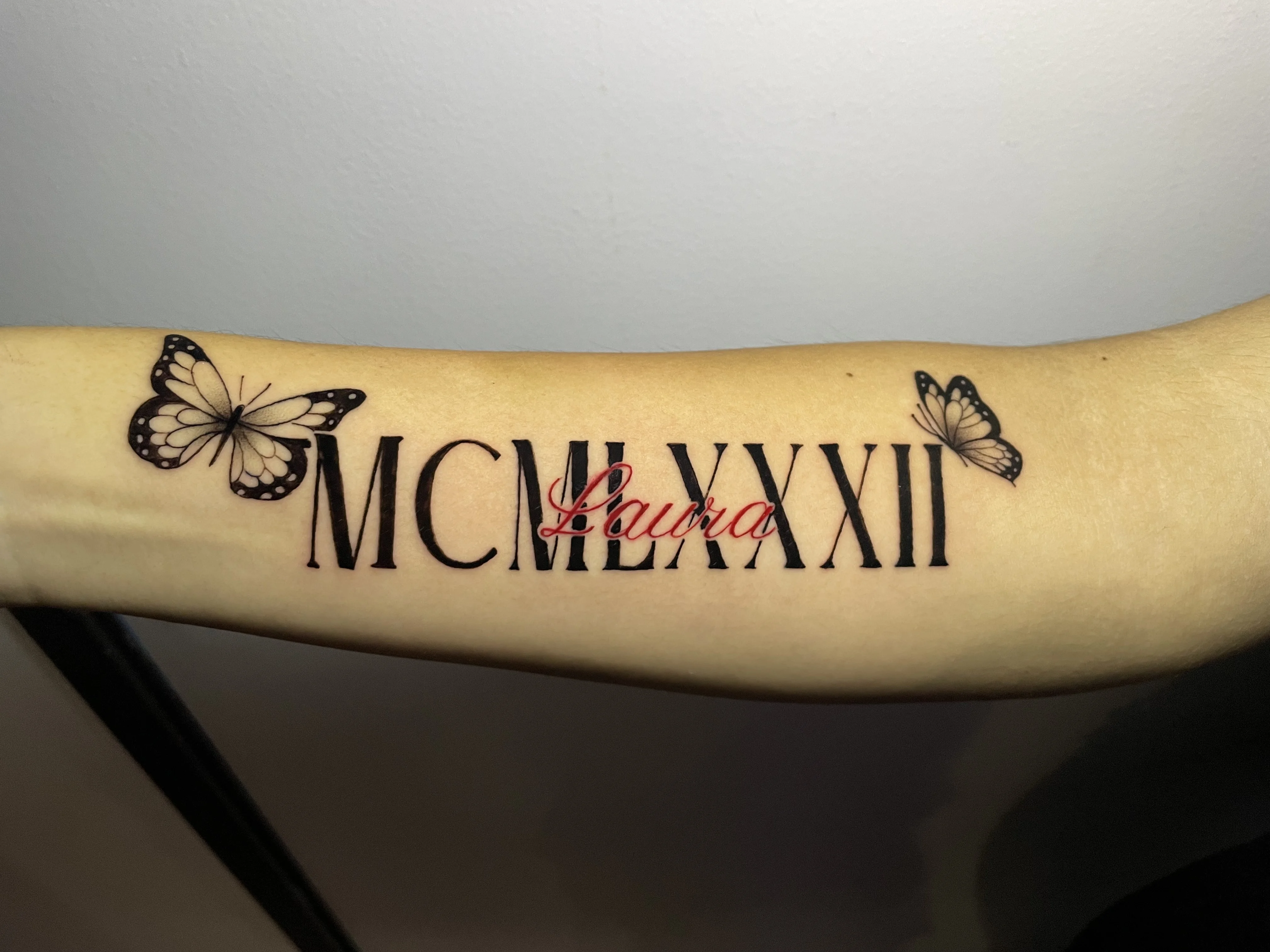 Butterfly Roman Numerals Forearm: butterfly, roman numerals, script name, nature, memorial, personal