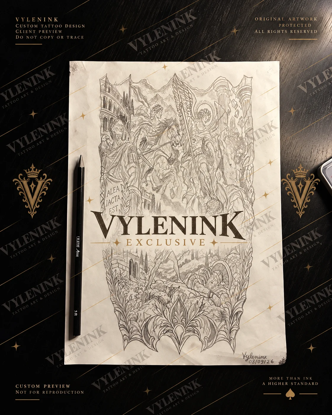 Fine Line tattoo by Vylenink: angel, horse, armored warrior, roman architecture