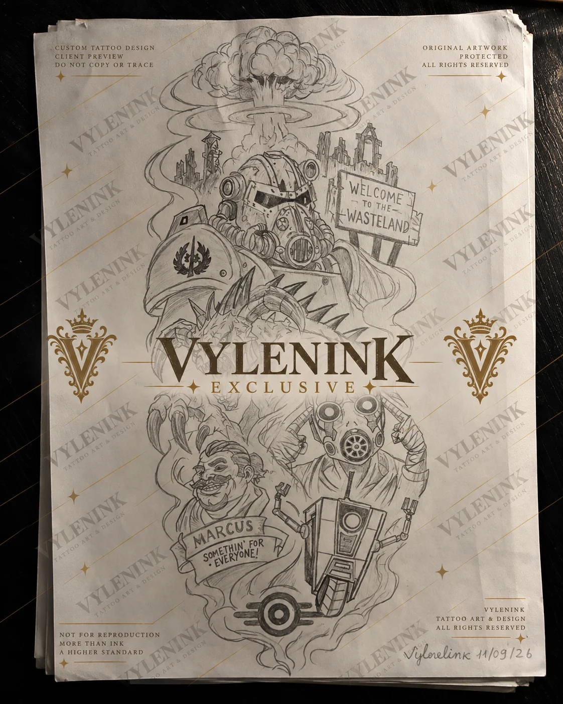 Black & Gray Realism tattoo by Vylenink: power armor helmet, mushroom cloud, wasteland sign, spiked creature