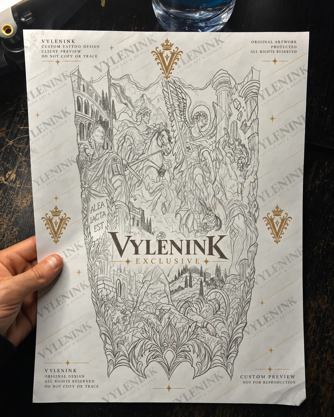 Fine Line tattoo by Vylenink: angel, horse, columns, statue