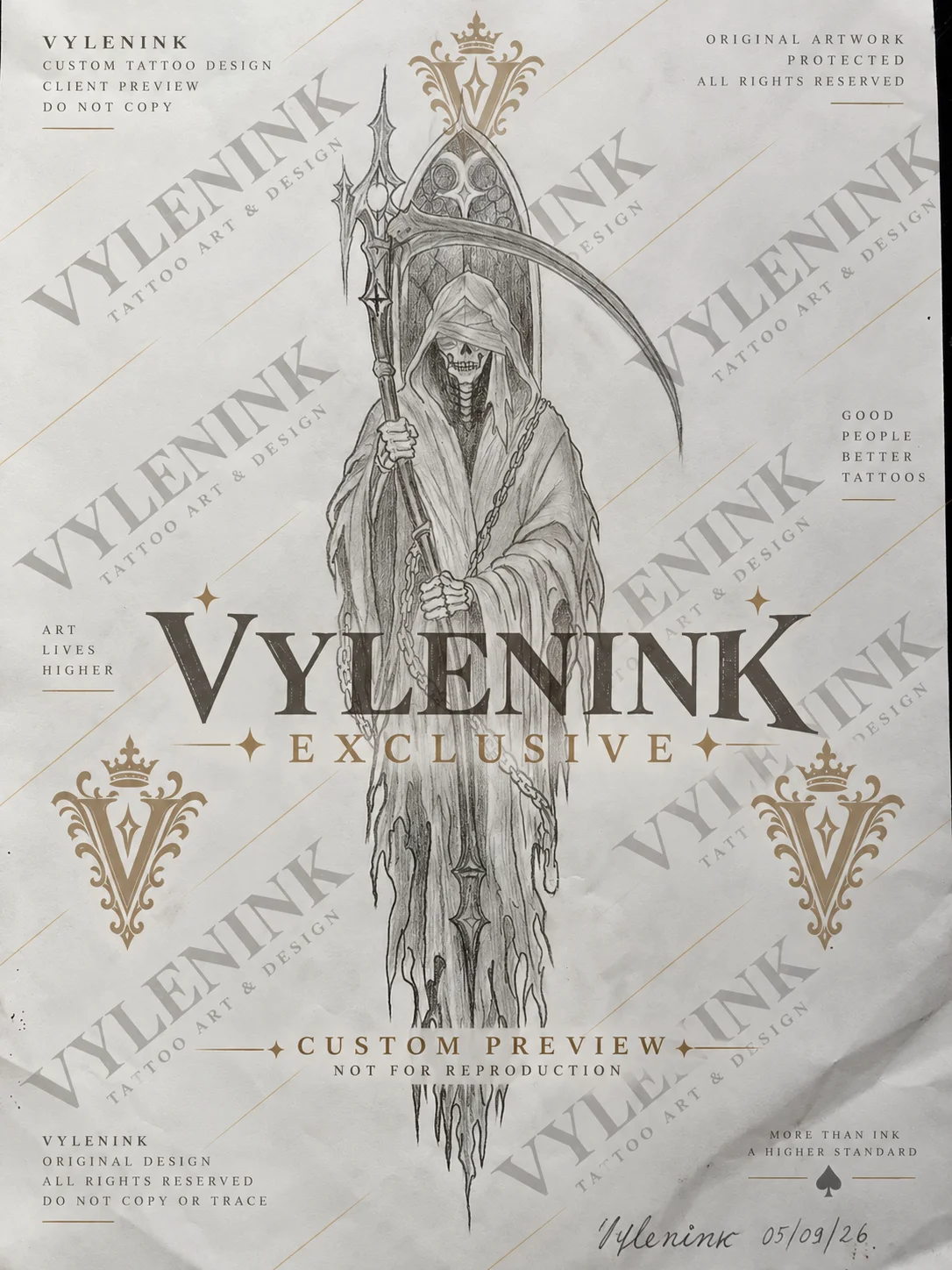Black & Gray Realism tattoo by Vylenink: grim reaper, hooded figure, scythe, skeletal face
