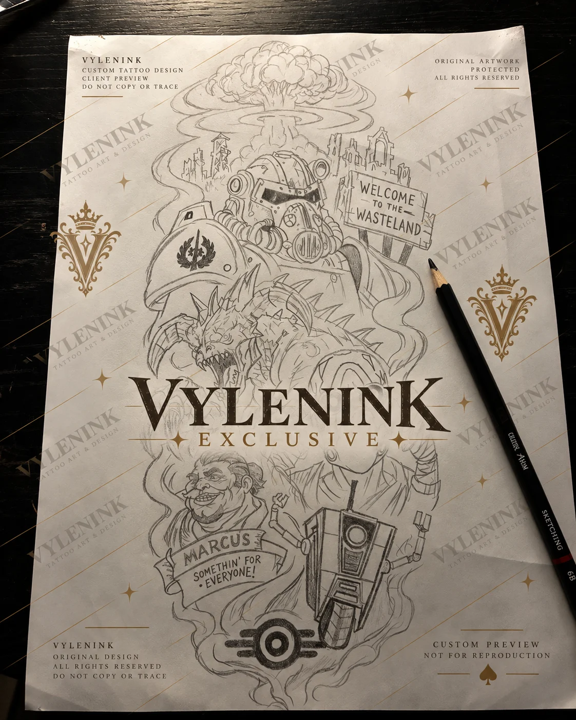 Illustrative tattoo by Vylenink: space marine, dragon, nuclear explosion, wasteland sign