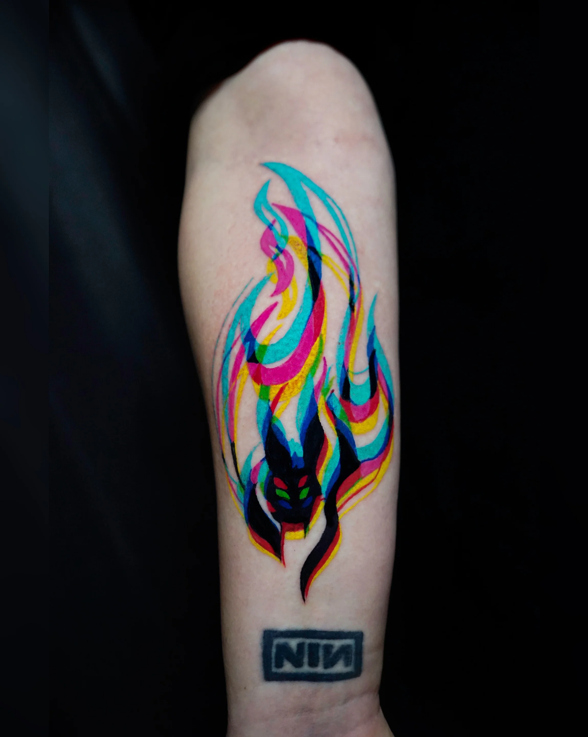 New School tattoo by Nyahzul: cat, flame, animal, abstract