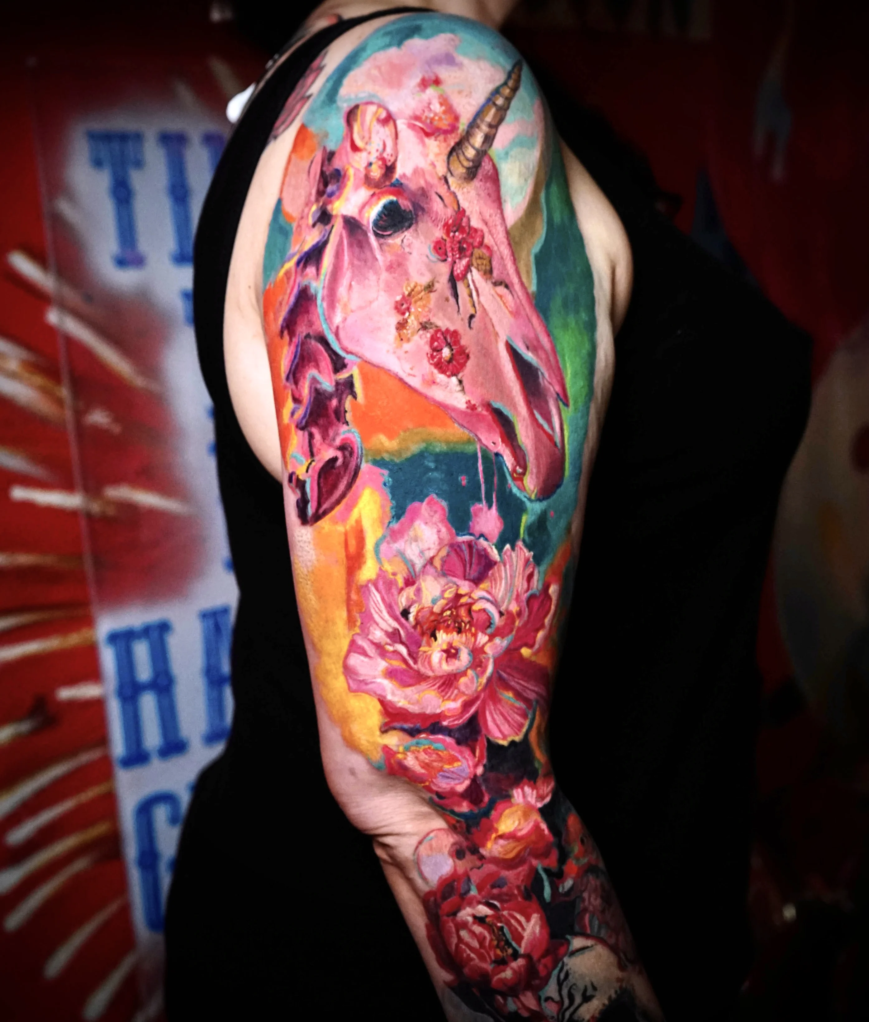 Color Realism tattoo by Nyahzul: unicorn skull, flowers, roses, horn