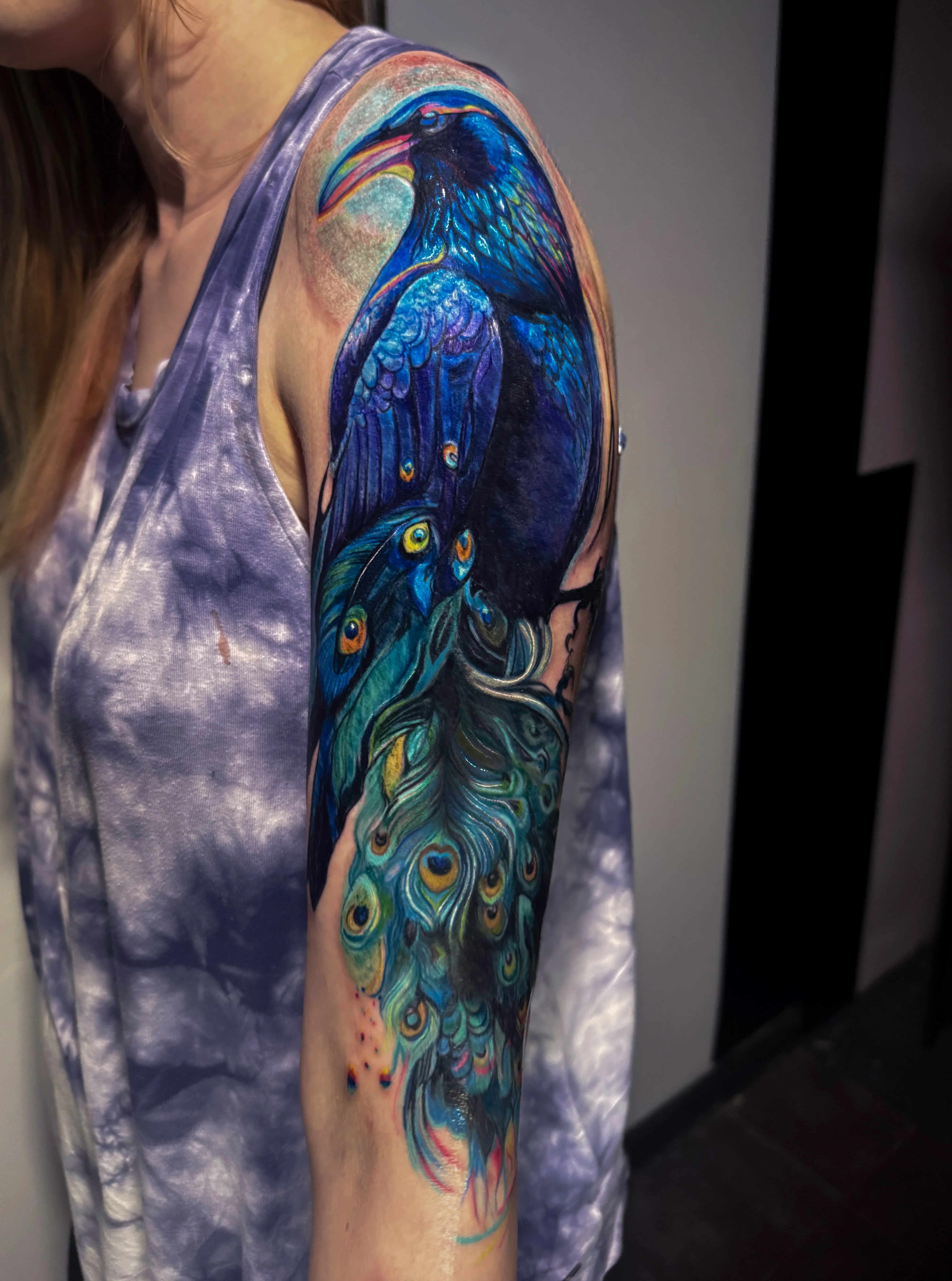 Color Realism tattoo by Nyahzul: raven, peacock feathers, animal, nature
