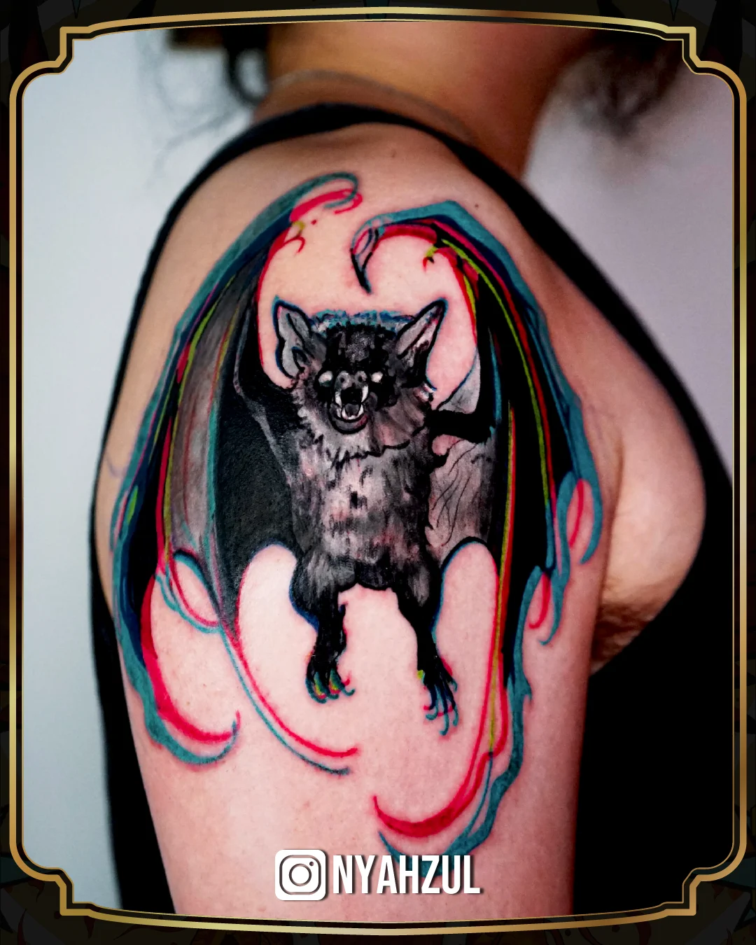 Black & Gray Realism tattoo by Nyahzul: bat, wings, animal, gothic