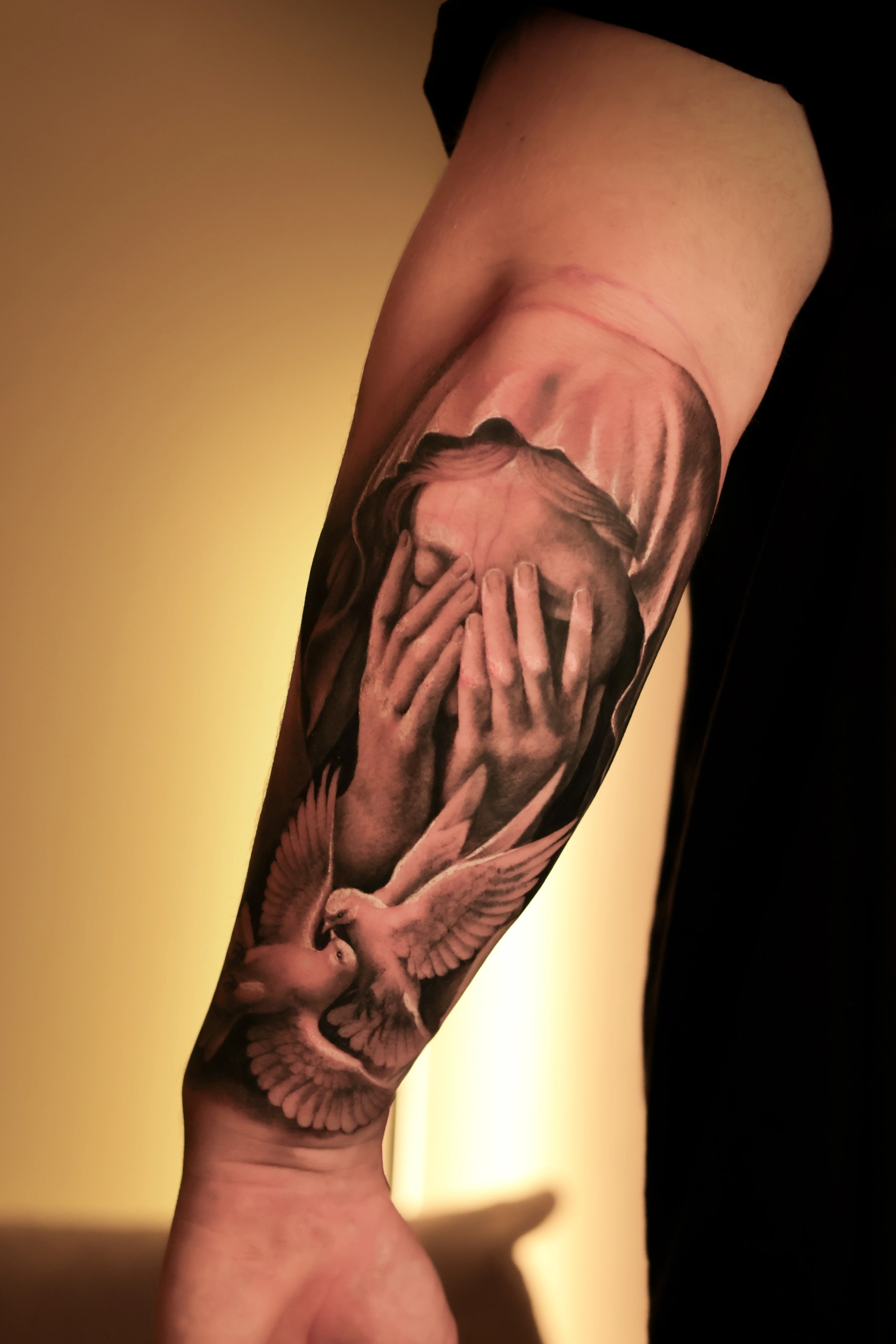 Black & Gray Realism tattoo by Emiliano Garrido: woman, face, hands, dove