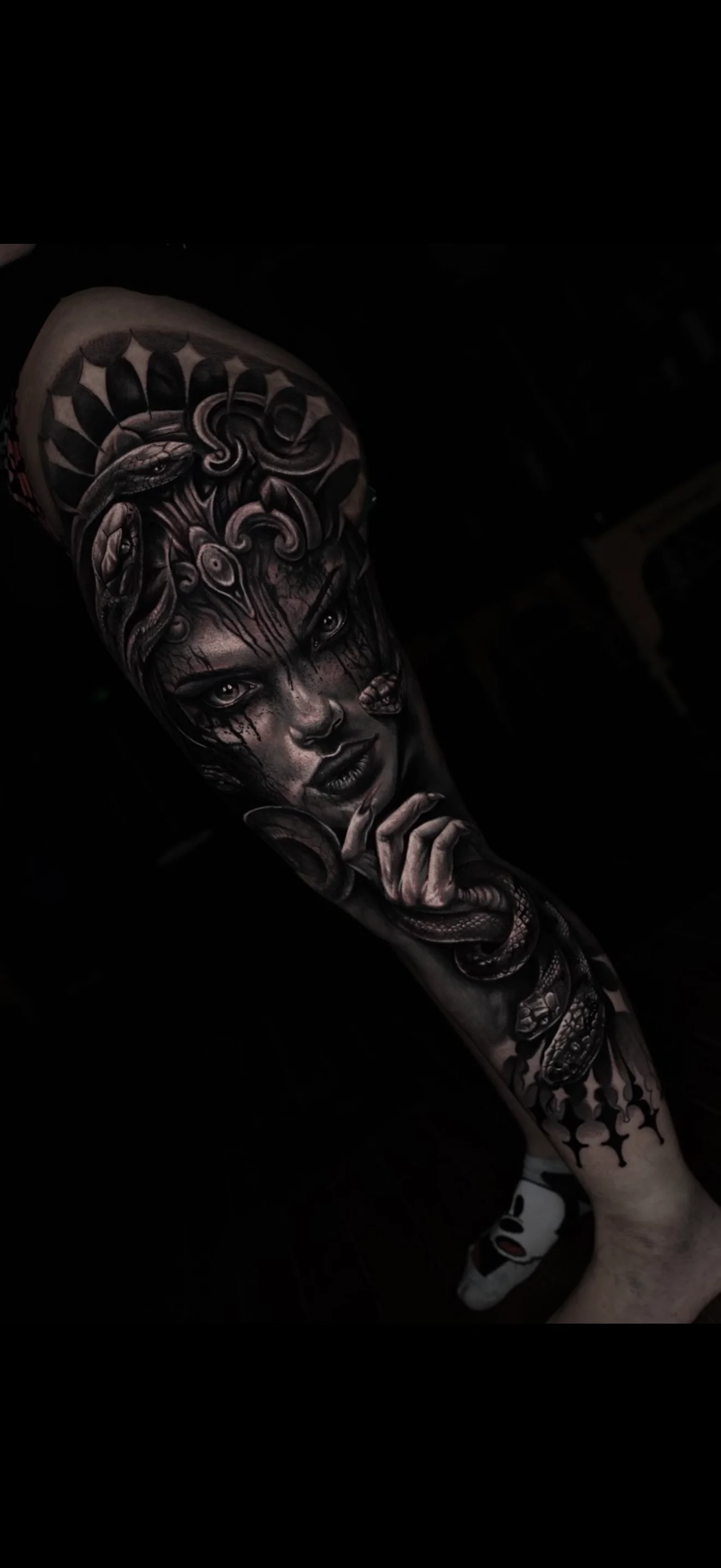 Dark Woman and Snake Full Leg Sleeve: woman, snake, face, hand, dark, mythology