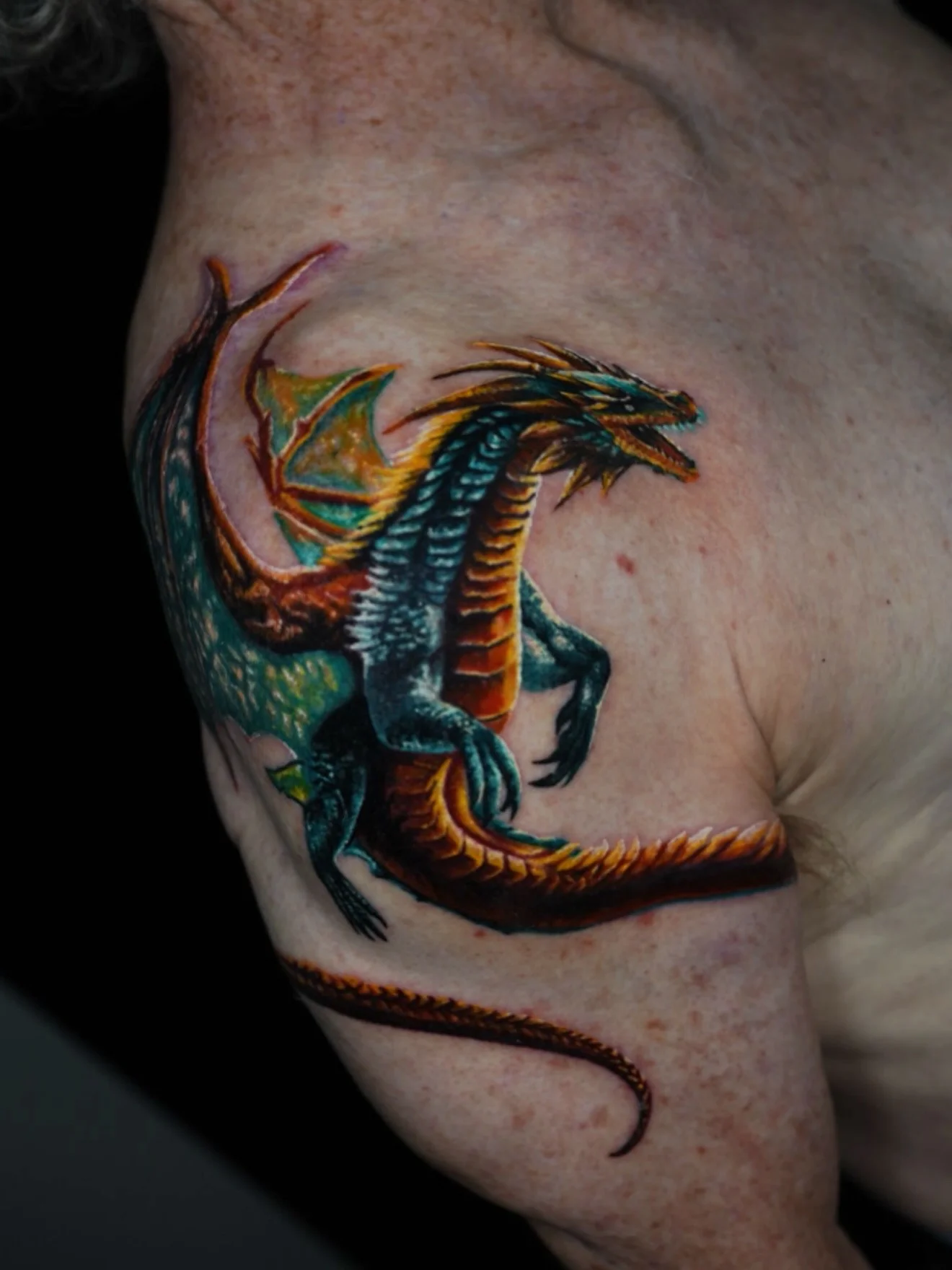 Neo-Traditional tattoo by Arte de José Manrique: dragon, mythology, fantasy, animal