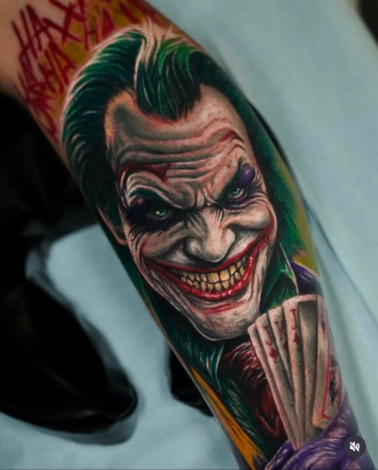 Color Realism tattoo by Arte de José Manrique: joker, playing cards, smile, dark