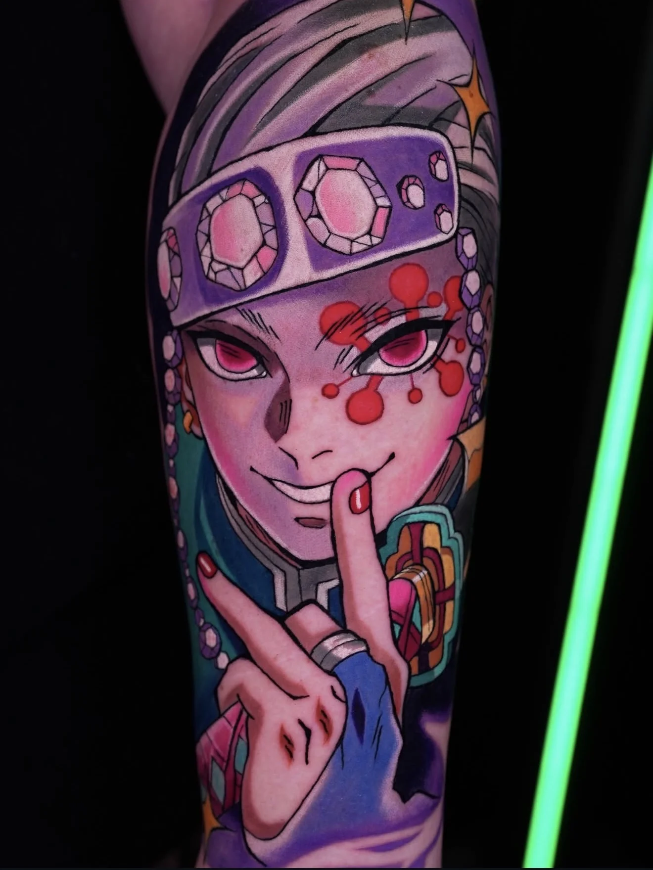 Anime tattoo by GABRIEL FUERZAS INK/ANIME TATTOOS DENVER: anime character, headband, hand gesture, jewels