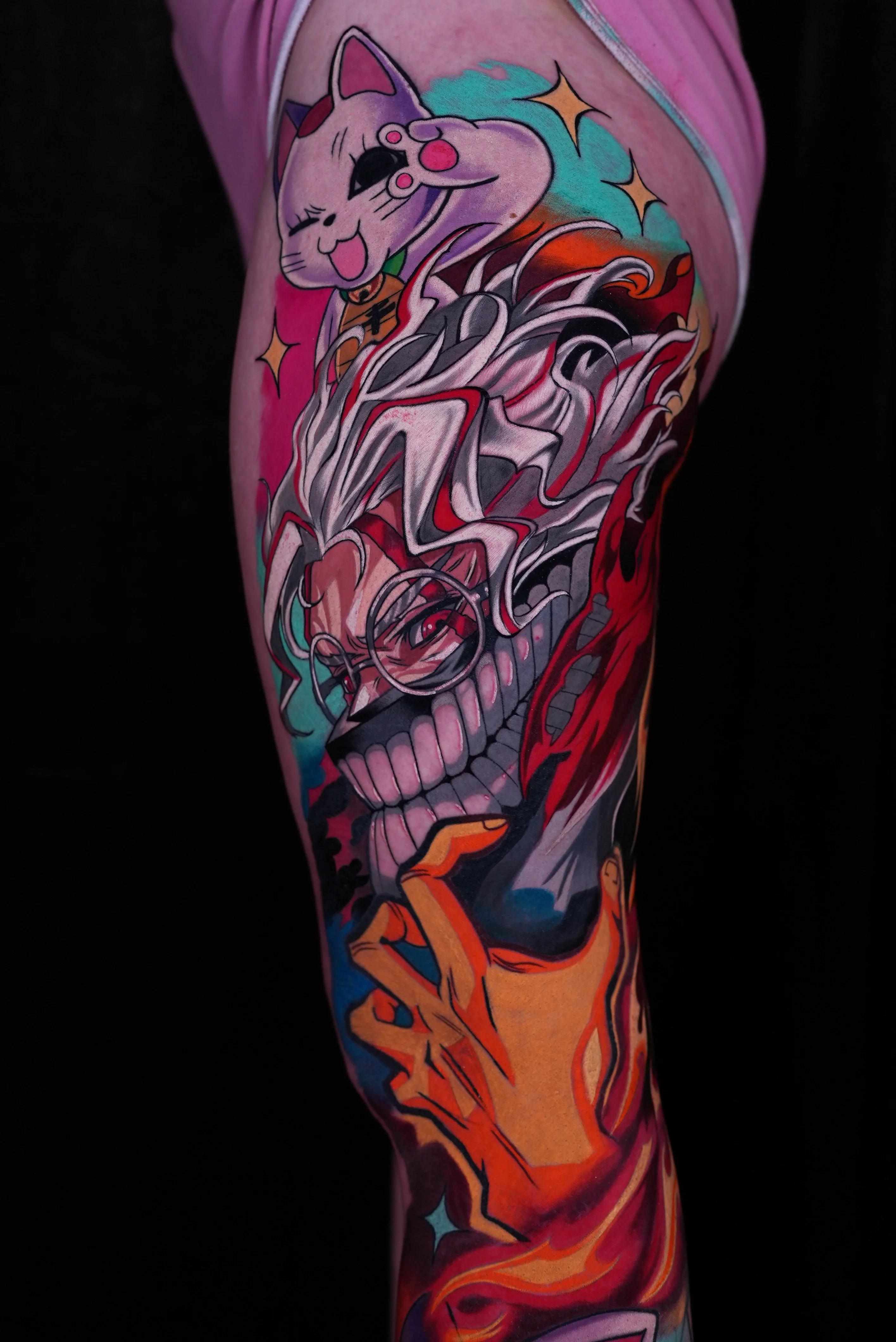 New School tattoo by GABRIEL FUERZAS INK/ANIME TATTOOS DENVER: cat, man with glasses, hand, animal