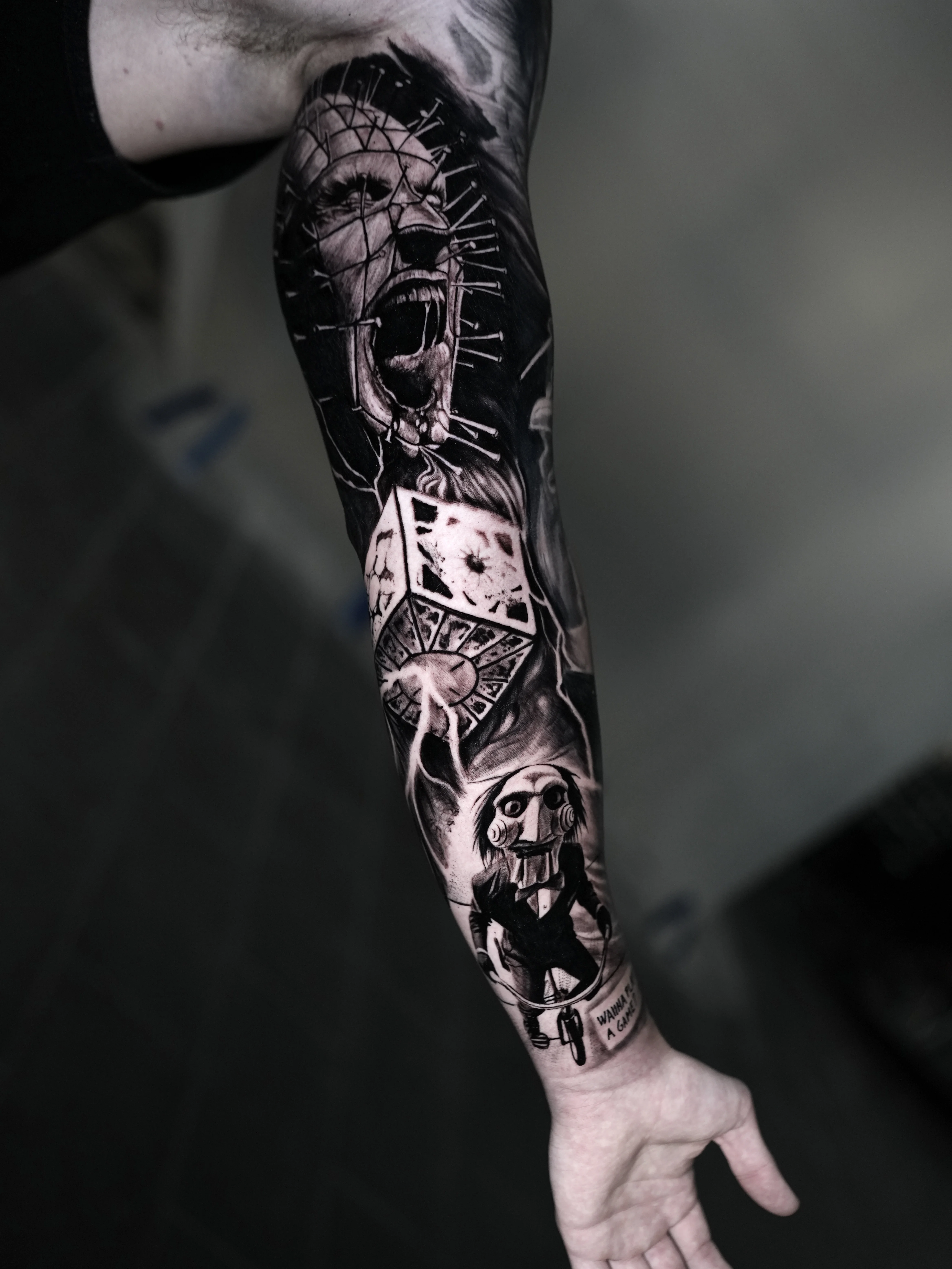 Black & Gray Realism tattoo by José Gregorio  Albornoz Márquez: man screaming, pins, cube, puppet doll