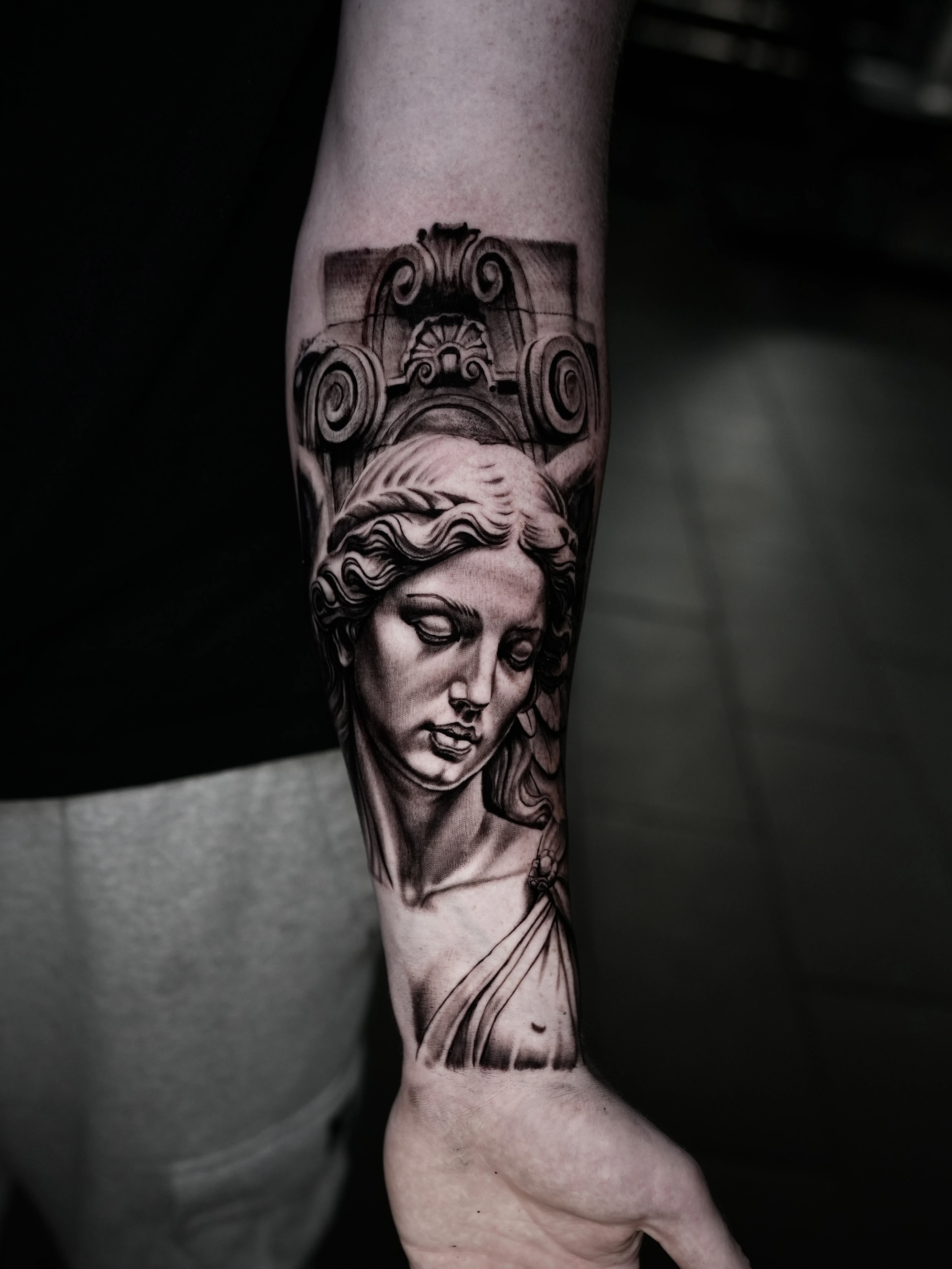 Classical Woman Forearm Realism: woman, classical sculpture, face, hair, drapery, architecture