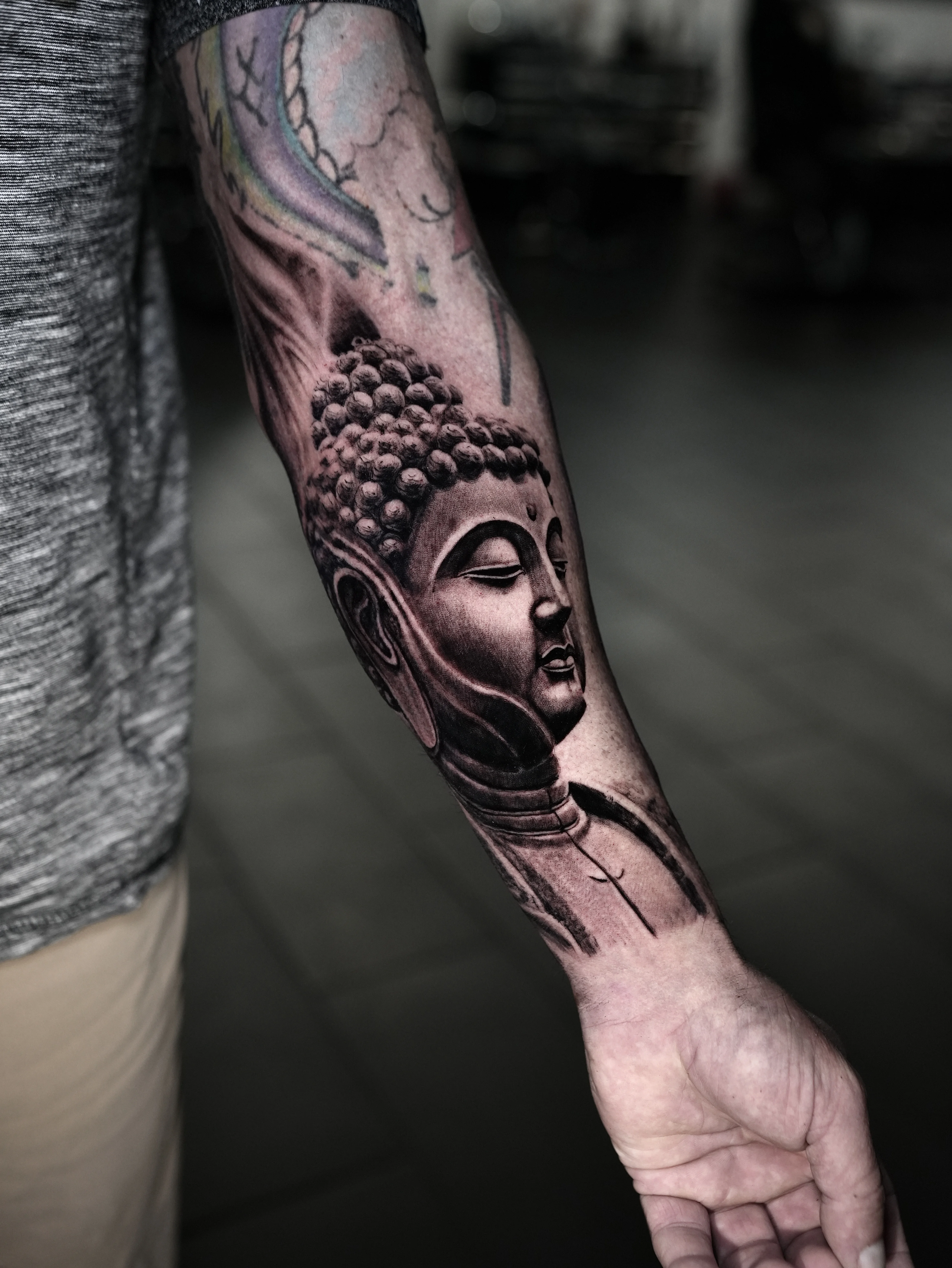 Black & Gray Realism tattoo by José Gregorio  Albornoz Márquez: buddha head, spiritual, religious, realistic