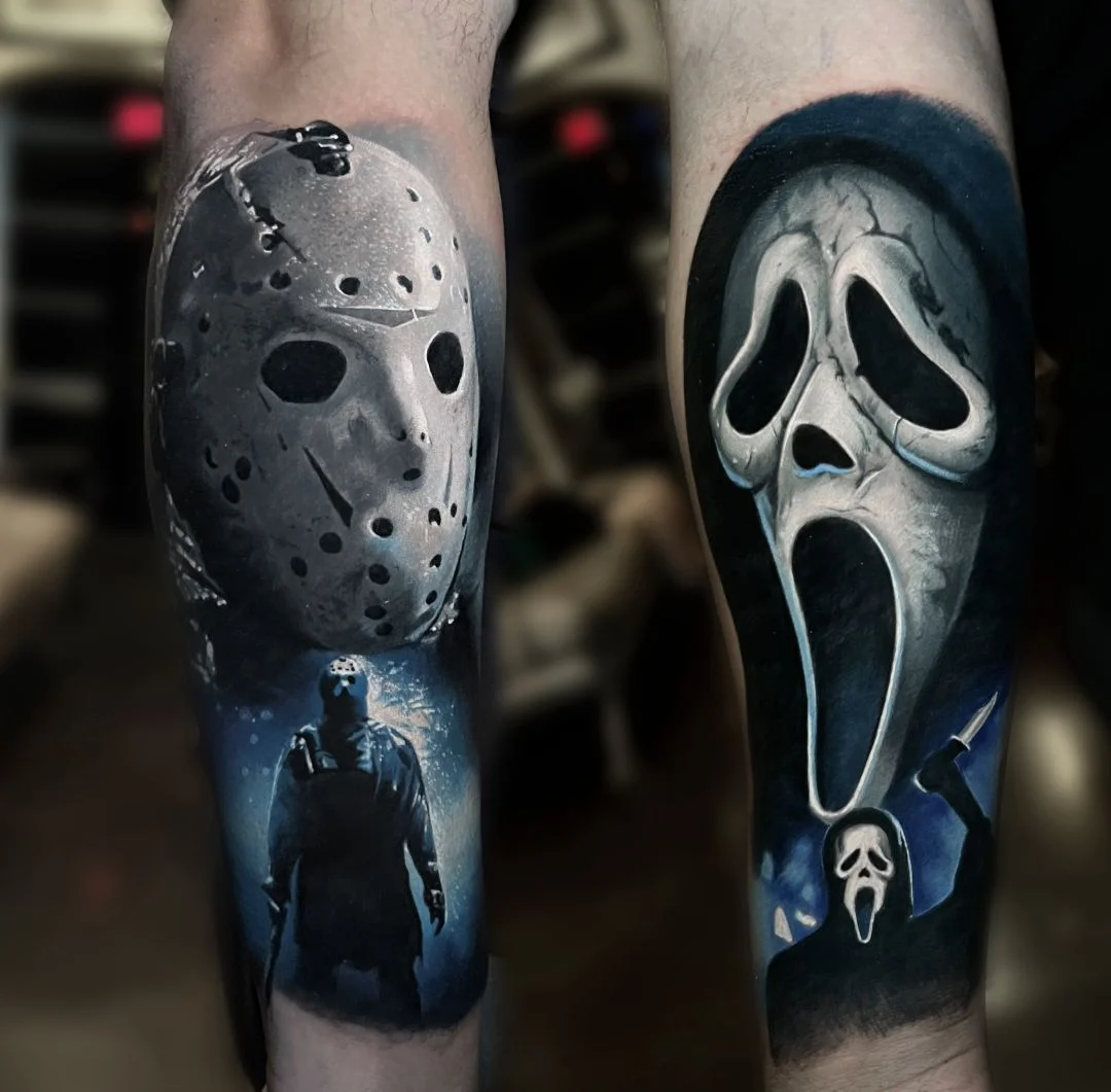 Black & Gray Realism tattoo by Alex Moro: jason voorhees mask, jason voorhees figure, ghostface mask, ghostface figure