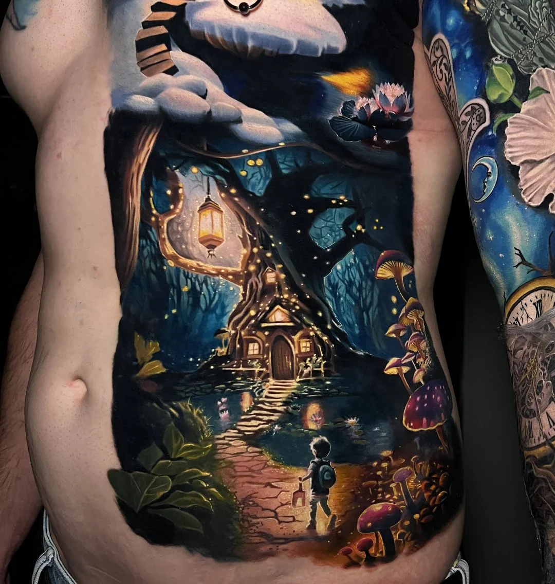 Color Realism tattoo by Alex Moro: lantern, tree, house, mushrooms