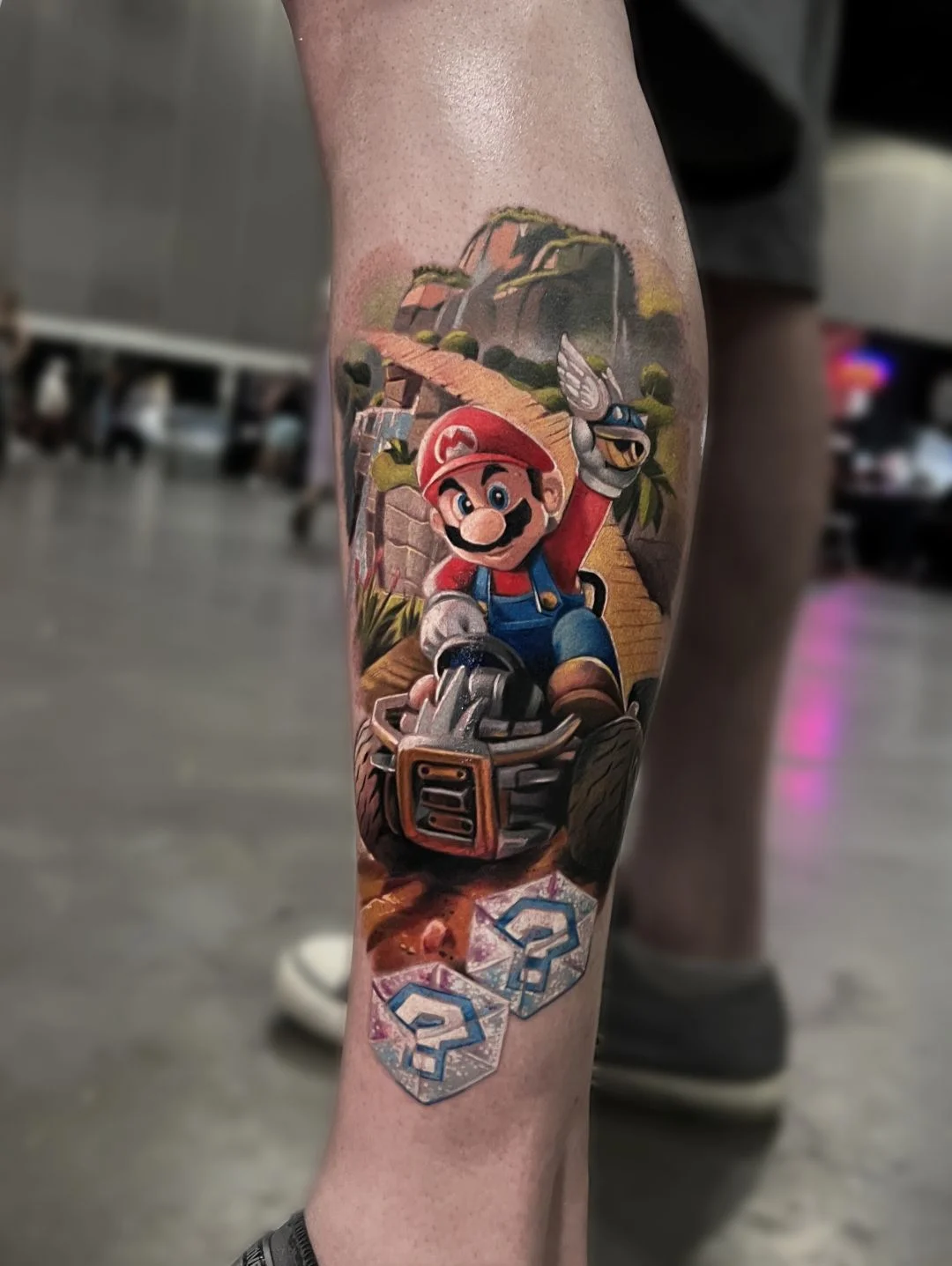Color Realism tattoo by Alex Moro: mario, kart, race track, question mark blocks