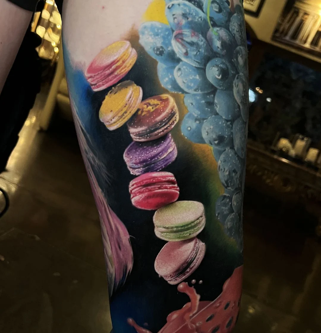 Color Realism tattoo by Alex Moro: macarons, blueberries, food, realism