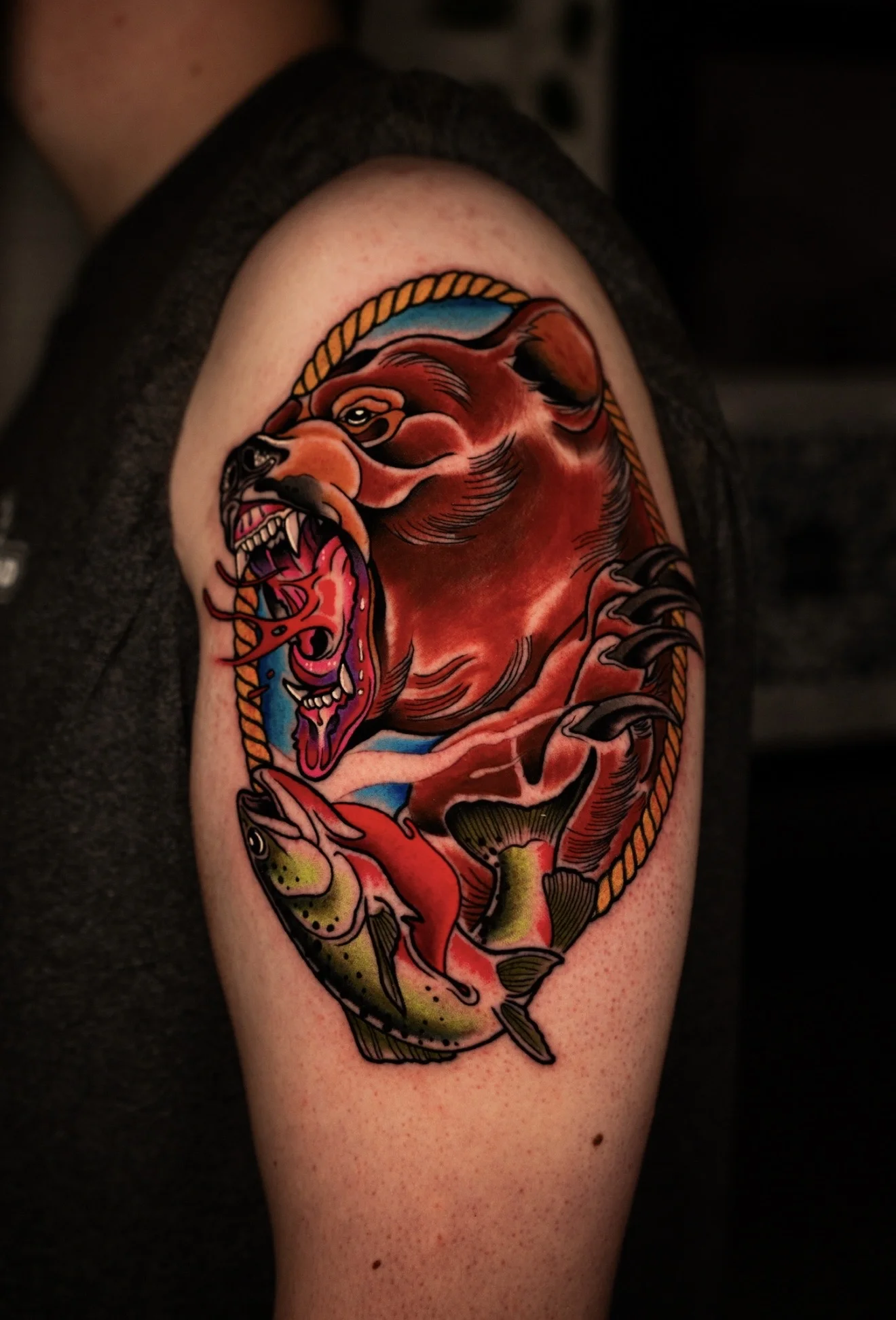 Neo-Traditional tattoo by Bobby Hulsey: bear, fish, rope, nature