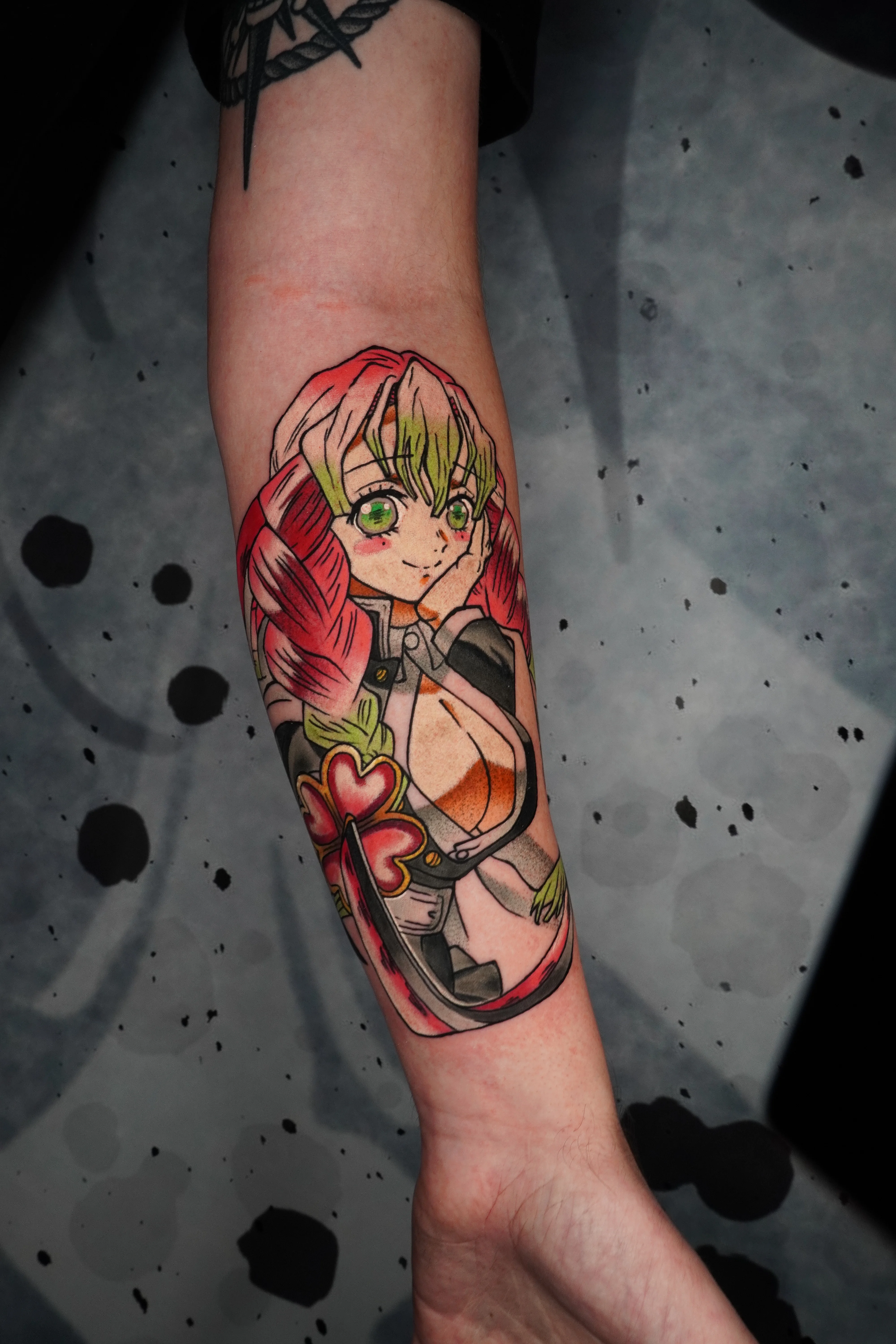 Anime tattoo by Bobby Hulsey: anime girl, green eyes, red hair, heart decoration