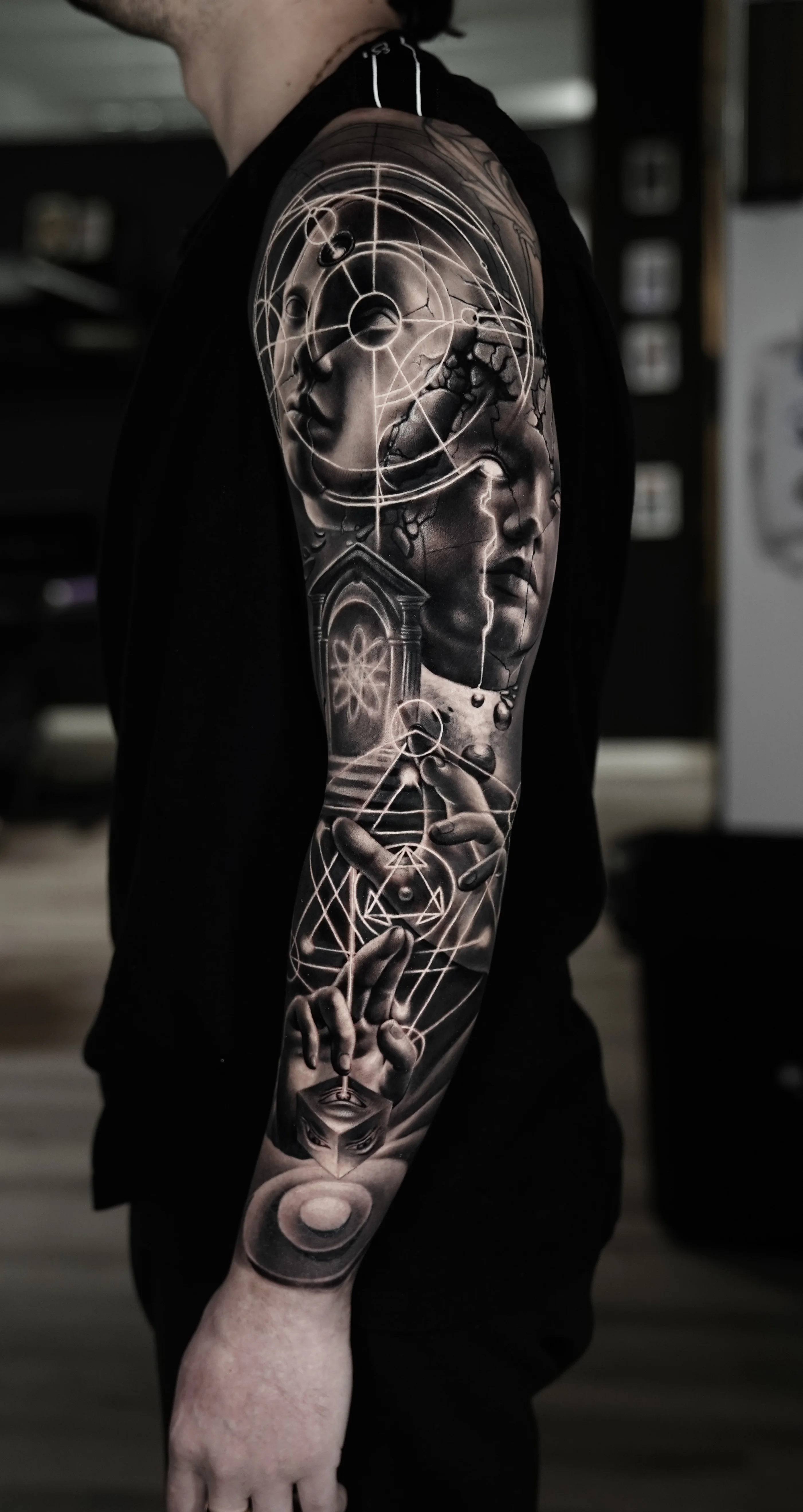 Black & Gray Realism tattoo by Camilo Gonzalez: clock, male face, female face, hand
