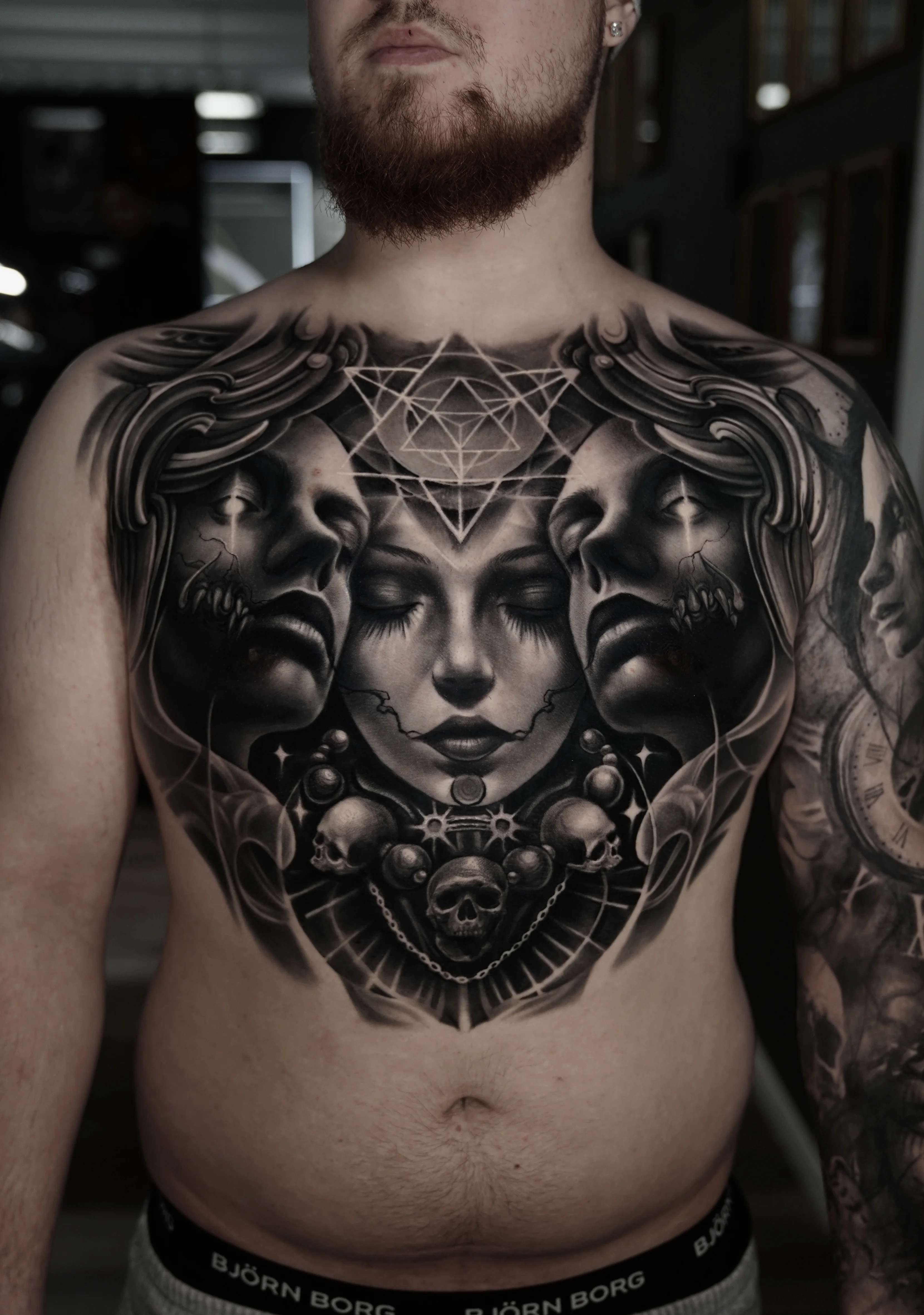 Black & Gray Realism tattoo by Camilo Gonzalez: woman face, two faces, skulls, chain