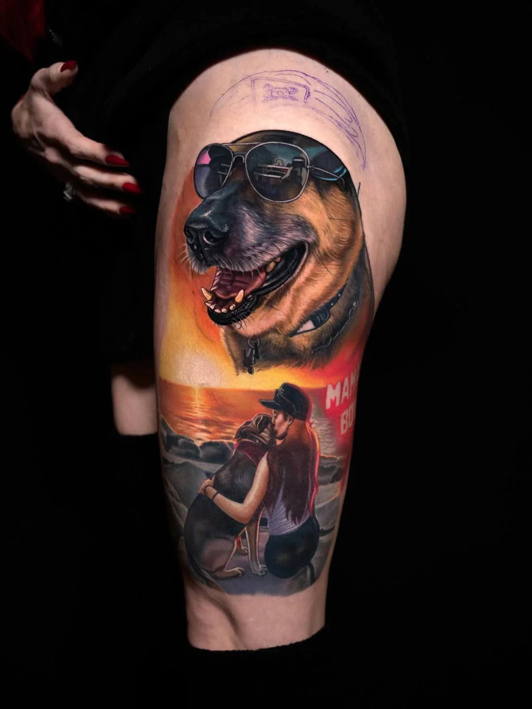 Color Realism tattoo by Nikko Hurtado: dog, sunglasses, woman, dog collar