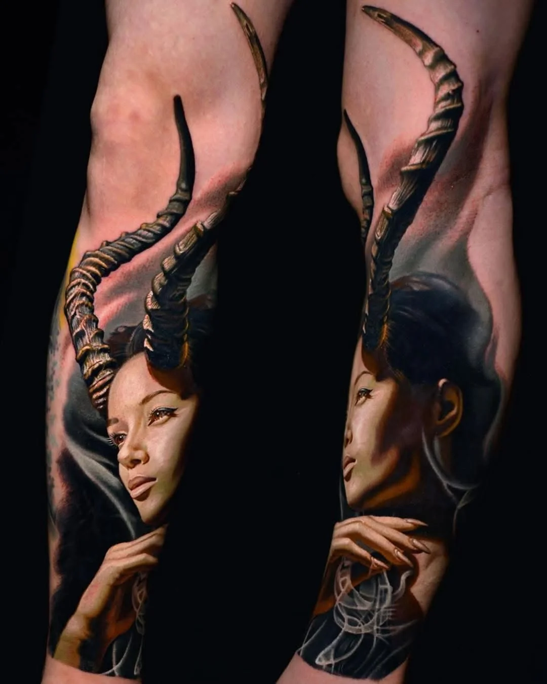 Color Realism tattoo by Nikko Hurtado: woman, antelope horns, smoke, hand