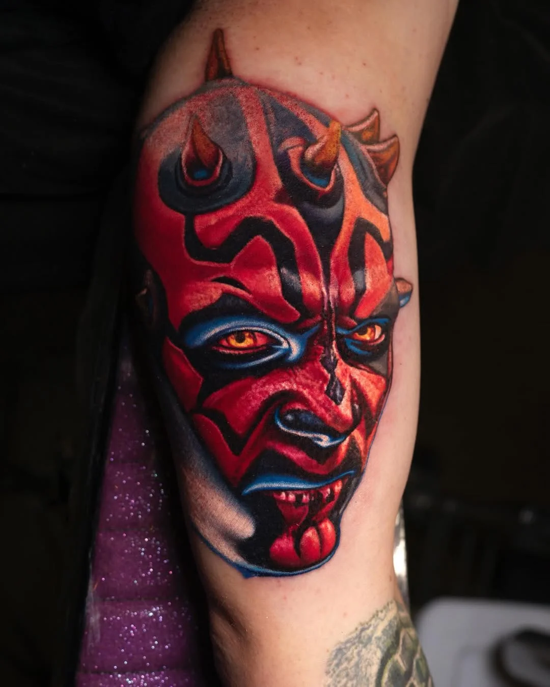 Color Realism Demonic Face Upper Arm: darth maul, face, horns, eyes, tongue, star wars