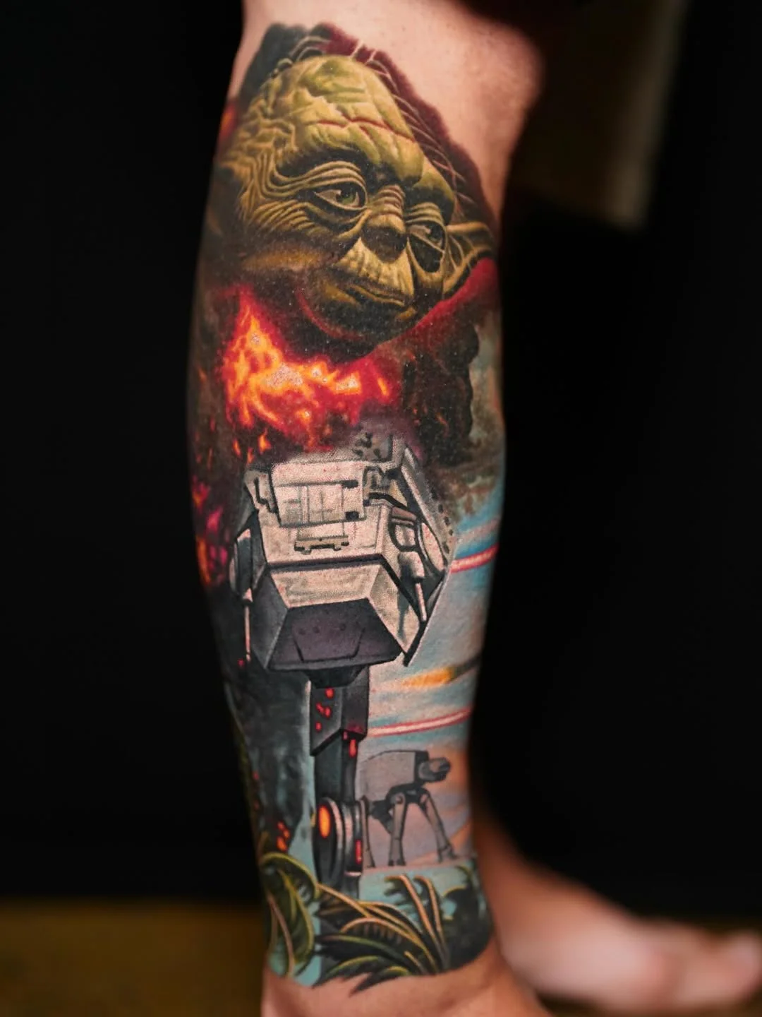 Color Realism tattoo by Nikko Hurtado: yoda, at-at walker, explosion, forest