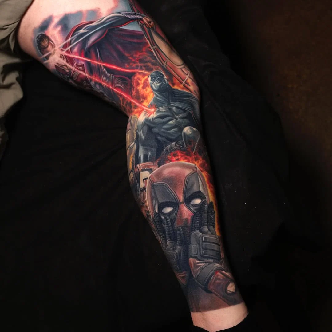 Color Realism tattoo by Nikko Hurtado: deadpool, thanos, star wars character with lightsabers, comic book