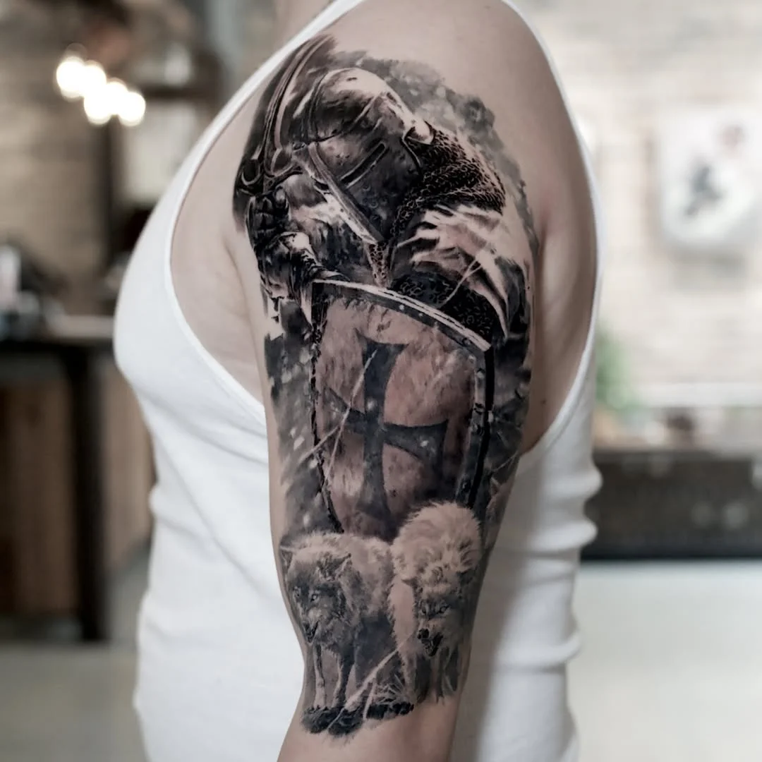 Black & Gray Realism tattoo by Carlos Torres: knight, helmet, cross, shield