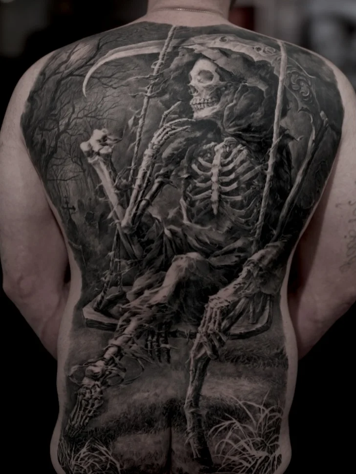 Black & Gray Realism tattoo by Carlos Torres: skeleton, scythe, swing, graveyard