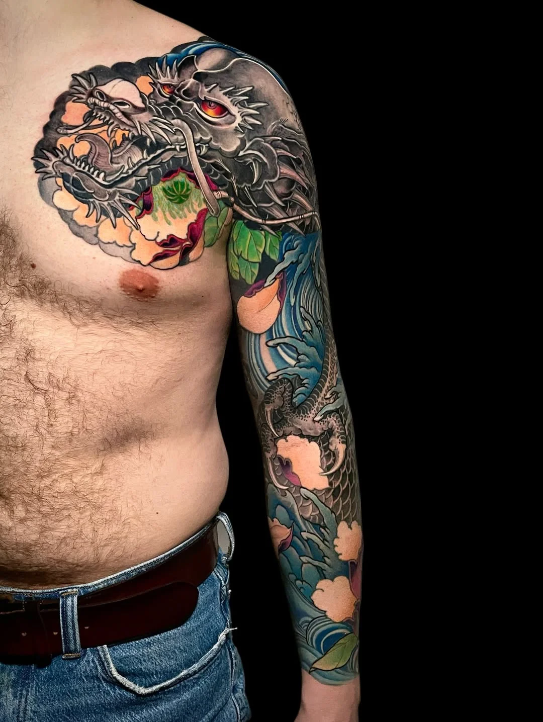 Japanese tattoo by Jess Yen: dragon, flower, leaf, cloud