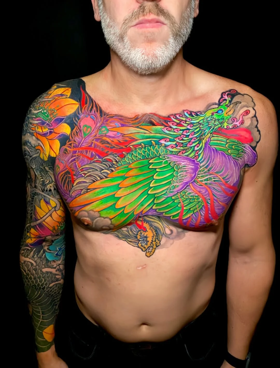 Japanese tattoo by Jess Yen: phoenix, flower, feathers, clouds