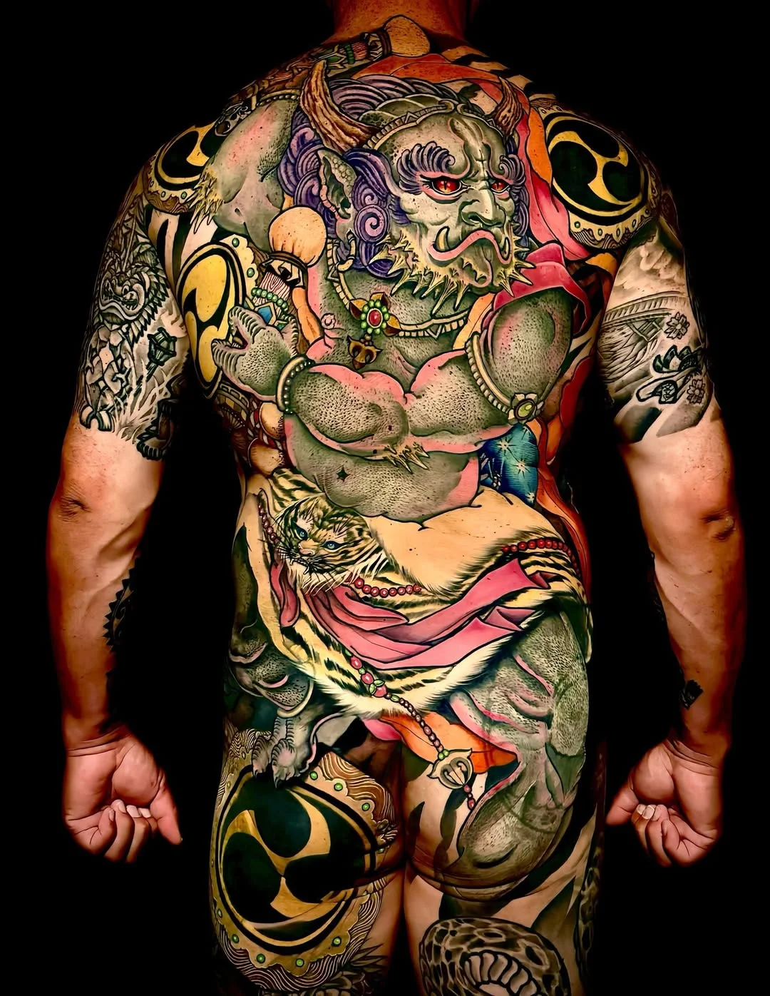 Japanese tattoo by Jess Yen: oni demon, tiger, armor shield, chains