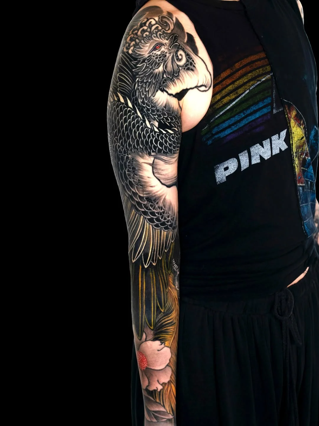 Black & Gray Realism tattoo by Jess Yen: rooster, feathers, cloud, animal