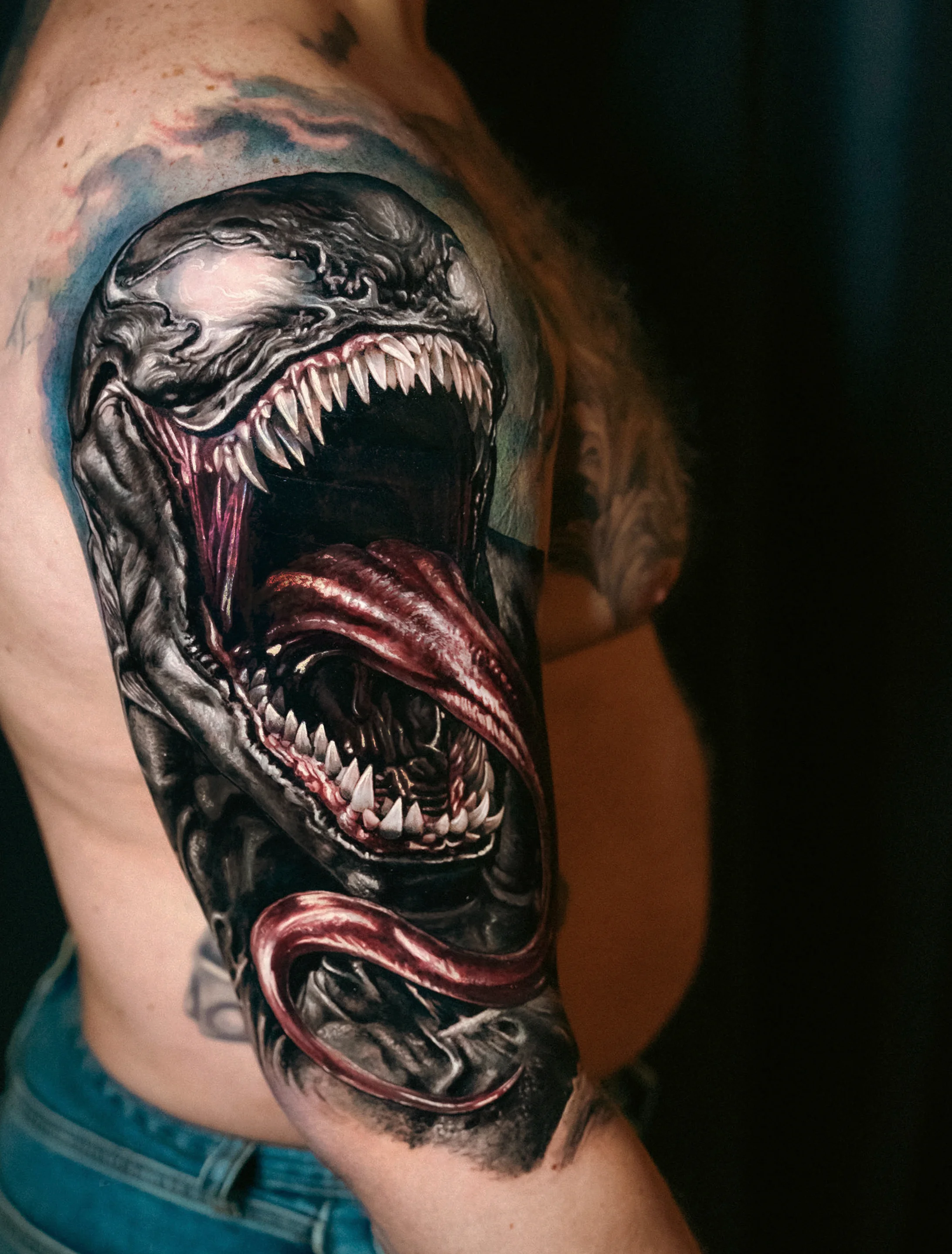 Black & Gray Realism tattoo by Yomico Moreno: monster, sharp teeth, tongue, mouth