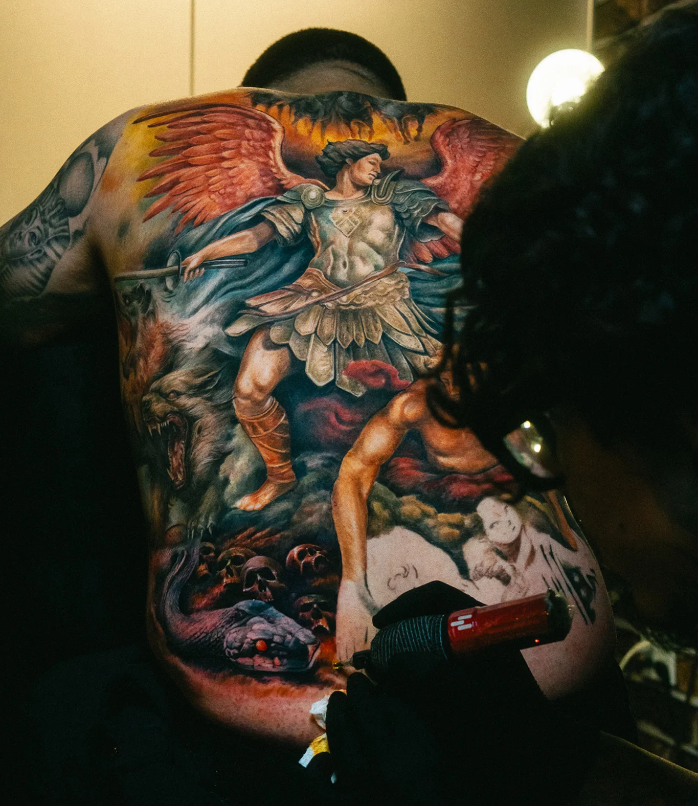 Color Realism tattoo by Yomico Moreno: angel, wings, armor, wolf